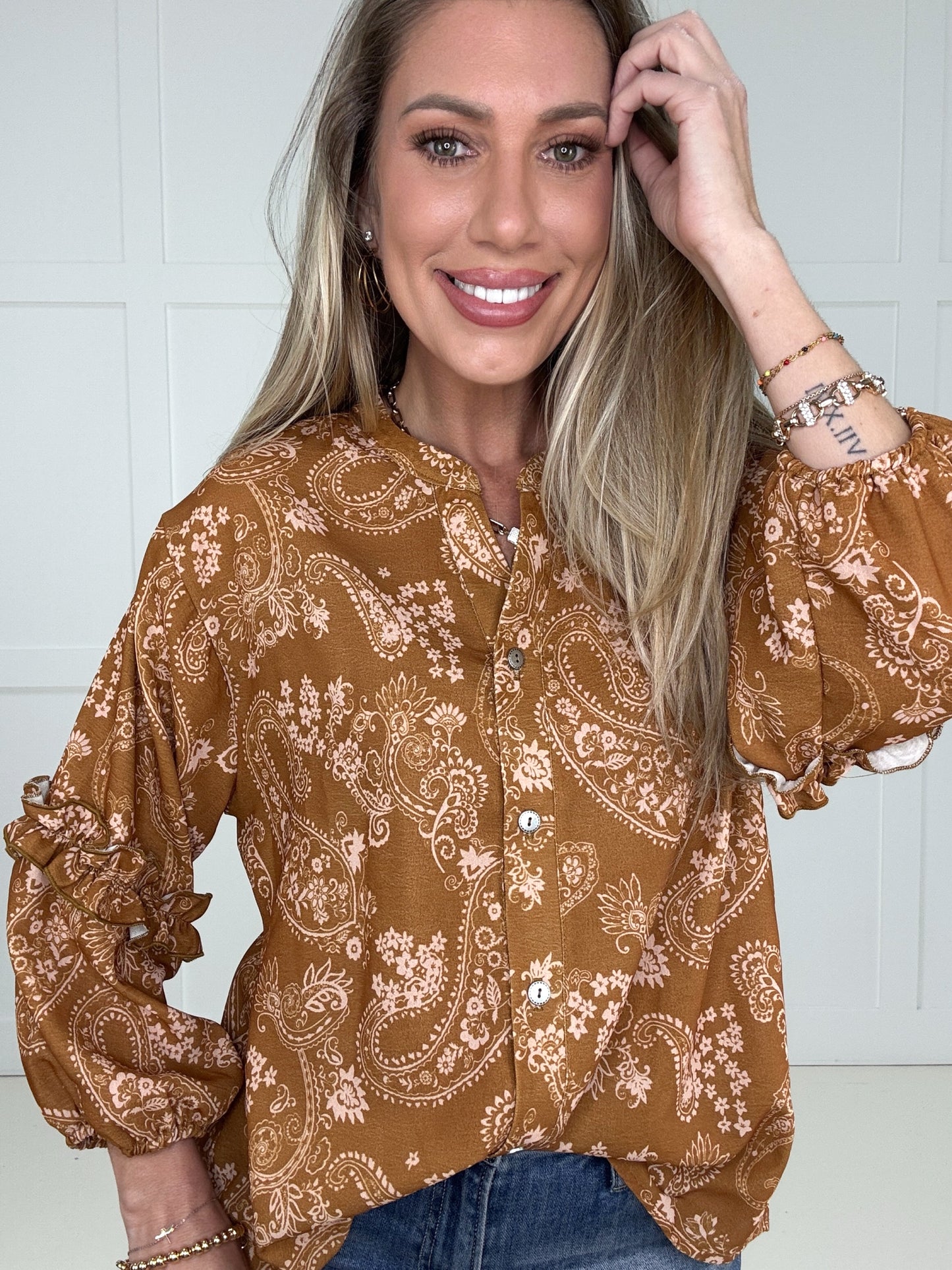 Cinnamon Skies Paisley Blouse-110 Long Sleeves- Simply Simpson's Boutique is a Women's Online Fashion Boutique Located in Jupiter, Florida