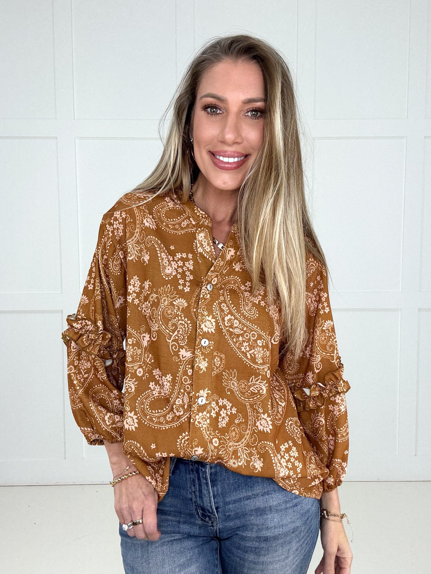 Cinnamon Skies Paisley Blouse-110 Long Sleeves- Simply Simpson's Boutique is a Women's Online Fashion Boutique Located in Jupiter, Florida