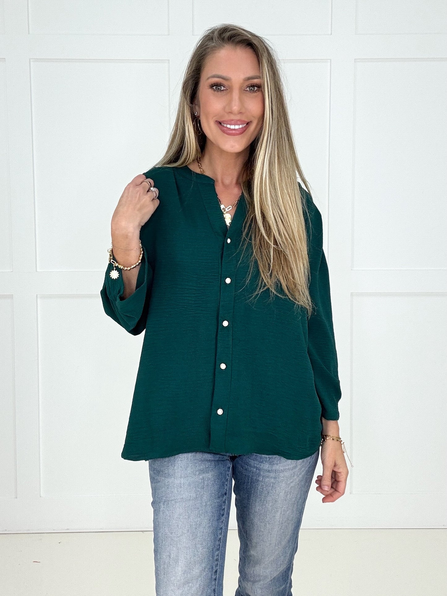 Hunter Green Lagoon Luxe Blouse-110 Long Sleeves- Simply Simpson's Boutique is a Women's Online Fashion Boutique Located in Jupiter, Florida