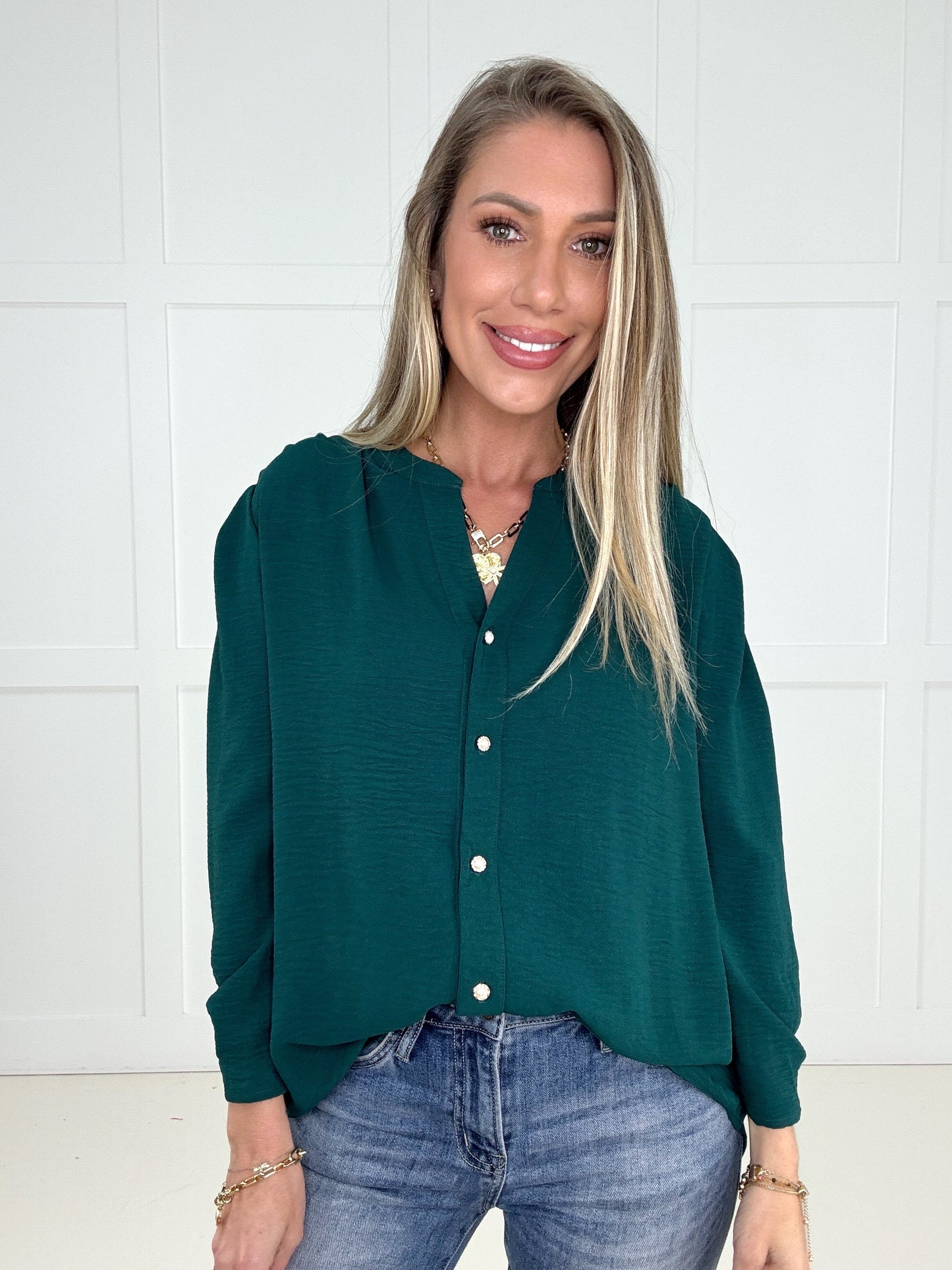 Hunter Green Lagoon Luxe Blouse-110 Long Sleeves- Simply Simpson's Boutique is a Women's Online Fashion Boutique Located in Jupiter, Florida