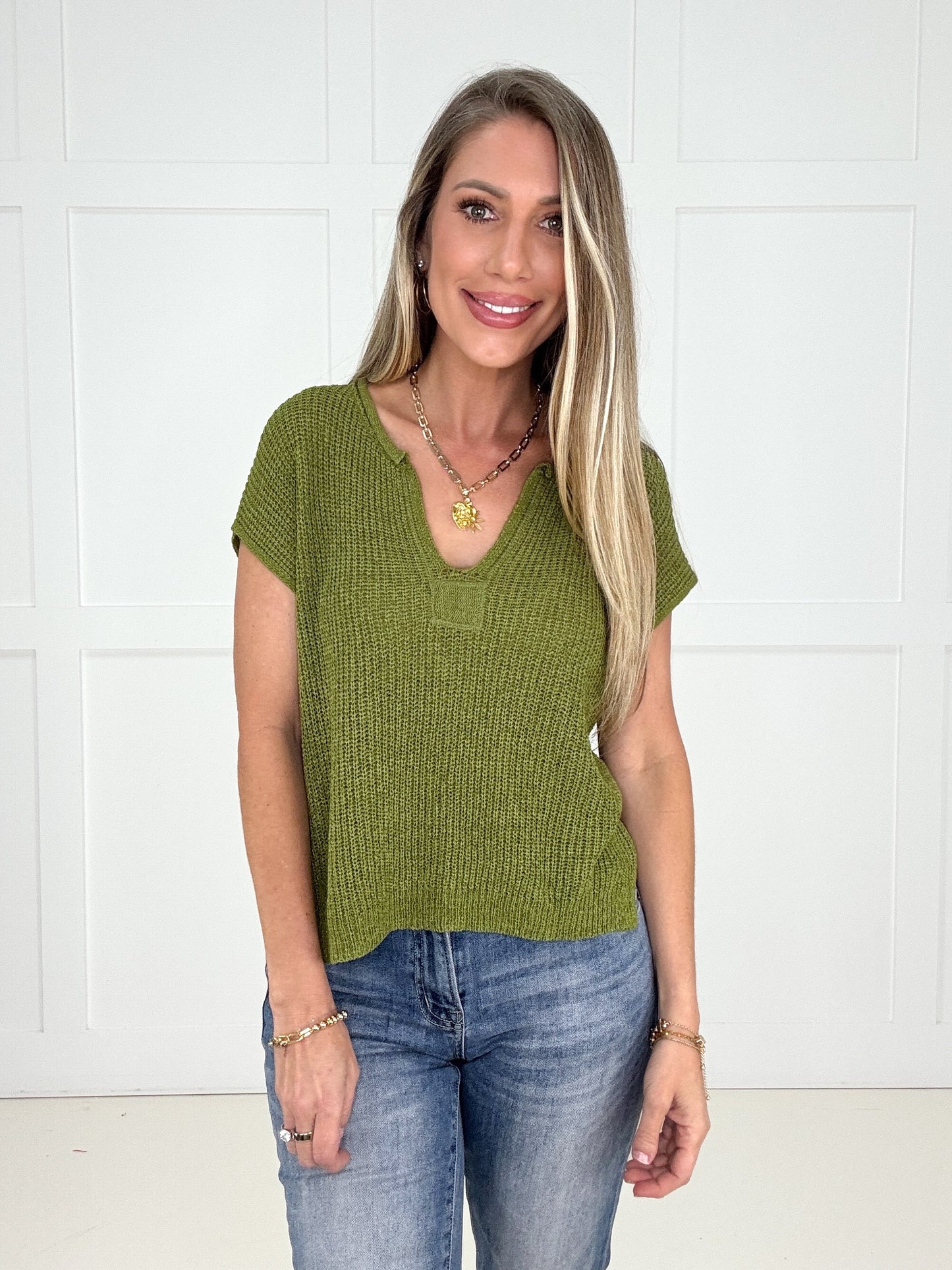 Blu Pepper Split Neck Batwing Sleeveless Knit Sweater Kiwi-100 Short Sleeves- Simply Simpson's Boutique is a Women's Online Fashion Boutique Located in Jupiter, Florida