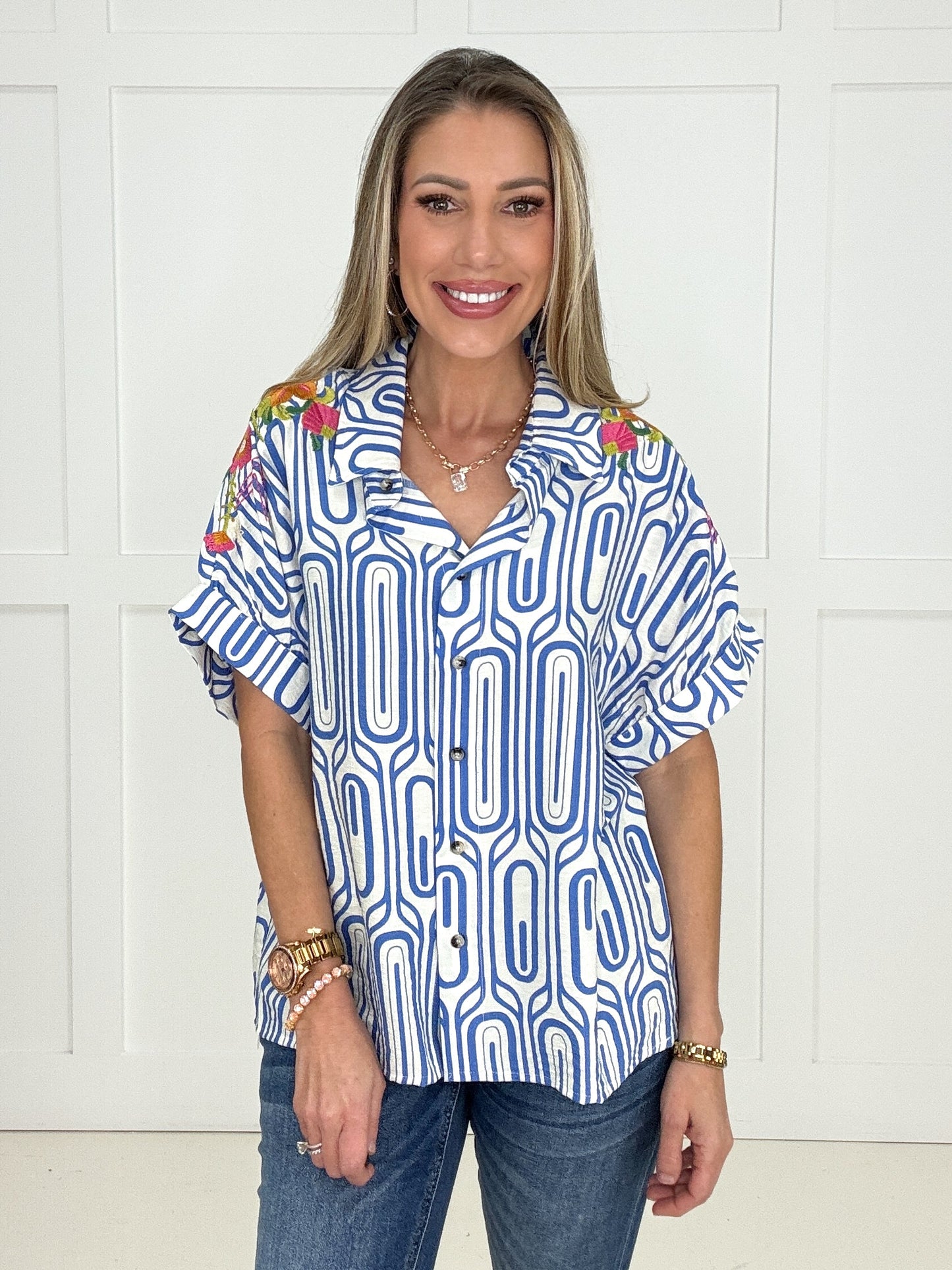 Seaside Stroll Embroidered Button Up Top-100 Short Sleeves- Simply Simpson's Boutique is a Women's Online Fashion Boutique Located in Jupiter, Florida