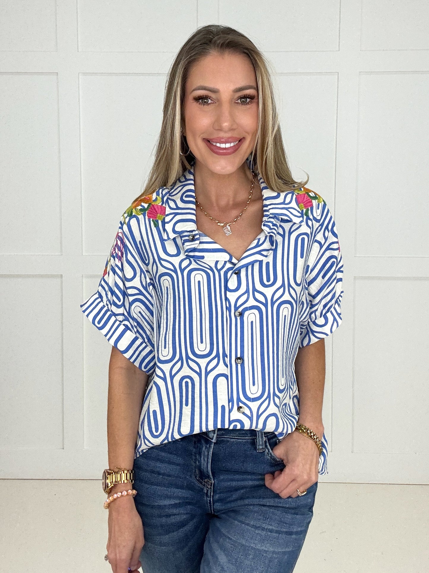 Seaside Stroll Embroidered Button Up Top-100 Short Sleeves- Simply Simpson's Boutique is a Women's Online Fashion Boutique Located in Jupiter, Florida