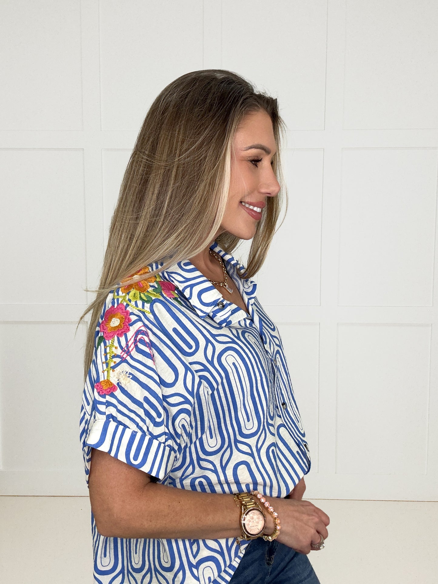 Seaside Stroll Embroidered Button Up Top-100 Short Sleeves- Simply Simpson's Boutique is a Women's Online Fashion Boutique Located in Jupiter, Florida