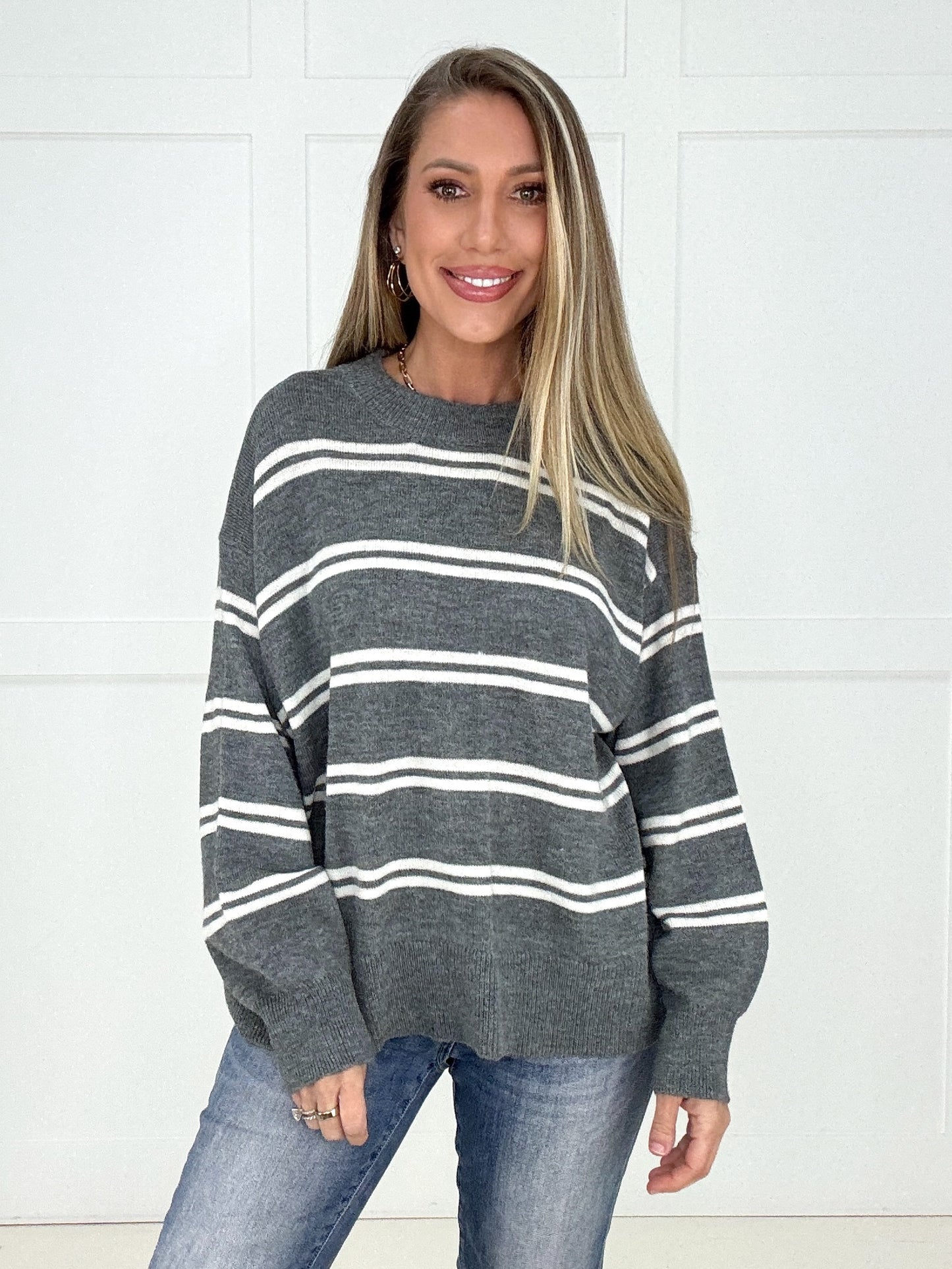 Charcoal Lane Striped Sweater-150 Sweaters- Simply Simpson's Boutique is a Women's Online Fashion Boutique Located in Jupiter, Florida