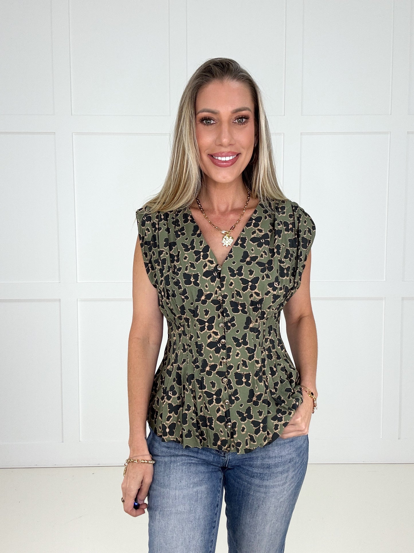 Olive Allure Button Down Top-100 Short Sleeves- Simply Simpson's Boutique is a Women's Online Fashion Boutique Located in Jupiter, Florida