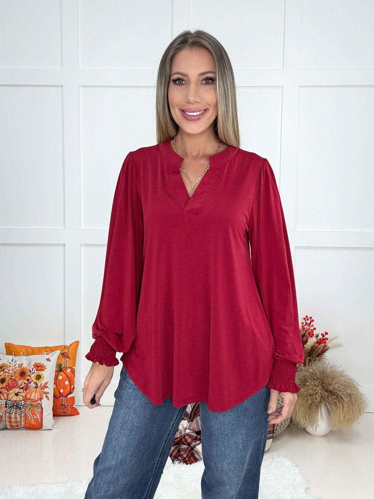 Dear Scarlett Fall Smocked Sleeve Lizzy-100 Short Sleeves- Simply Simpson's Boutique is a Women's Online Fashion Boutique Located in Jupiter, Florida