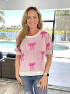 Pretty In Pink Bows Short Sleeve Sweater-100 Short Sleeves- Simply Simpson's Boutique is a Women's Online Fashion Boutique Located in Jupiter, Florida