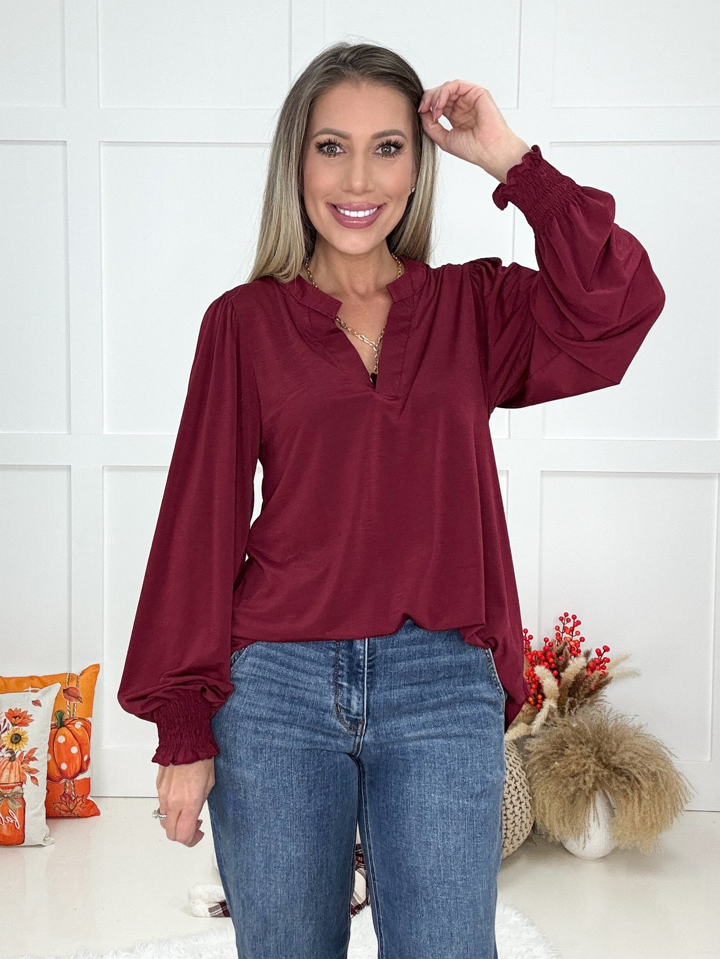 Dear Scarlett Fall Smocked Sleeve Lizzy-100 Short Sleeves- Simply Simpson's Boutique is a Women's Online Fashion Boutique Located in Jupiter, Florida