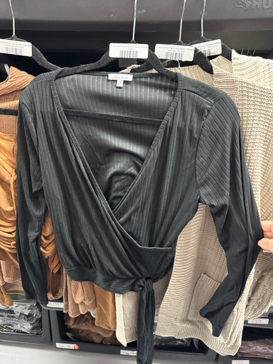 White Birch Black Faux Wrap Top with tie Detail-110 Long Sleeves- Simply Simpson's Boutique is a Women's Online Fashion Boutique Located in Jupiter, Florida