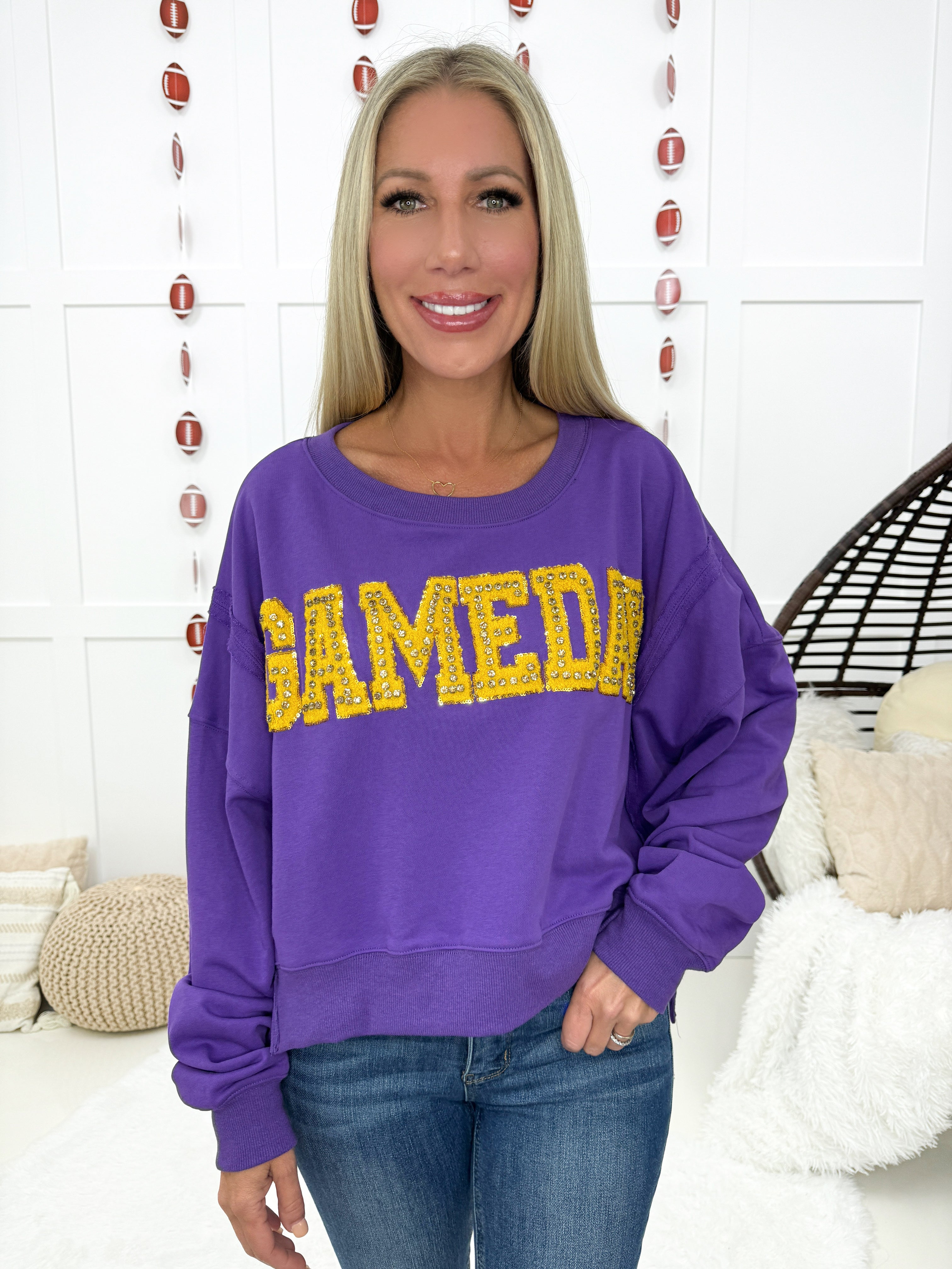 Purple Rhinestone Gameday Sweatshirt-160 Sweatshirts- Simply Simpson's Boutique is a Women's Online Fashion Boutique Located in Jupiter, Florida