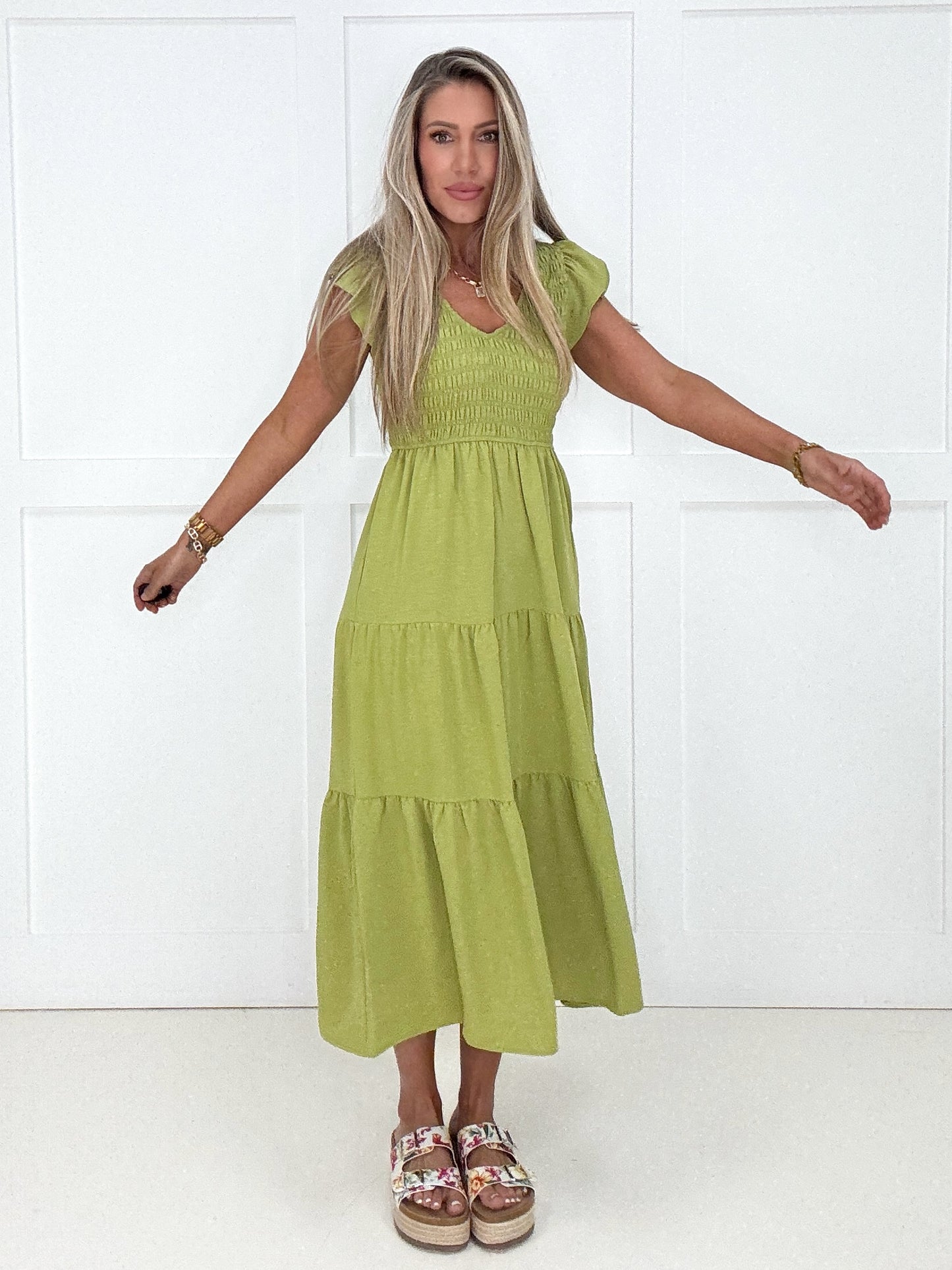 Pistachio Flutter Sleeve Midi Dress-240 Dresses- Simply Simpson's Boutique is a Women's Online Fashion Boutique Located in Jupiter, Florida