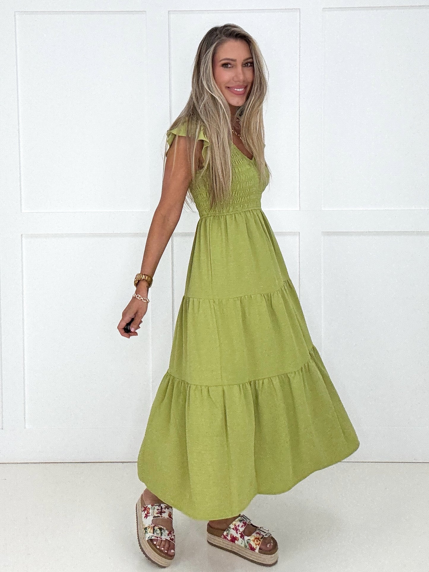 Pistachio Flutter Sleeve Midi Dress-240 Dresses- Simply Simpson's Boutique is a Women's Online Fashion Boutique Located in Jupiter, Florida