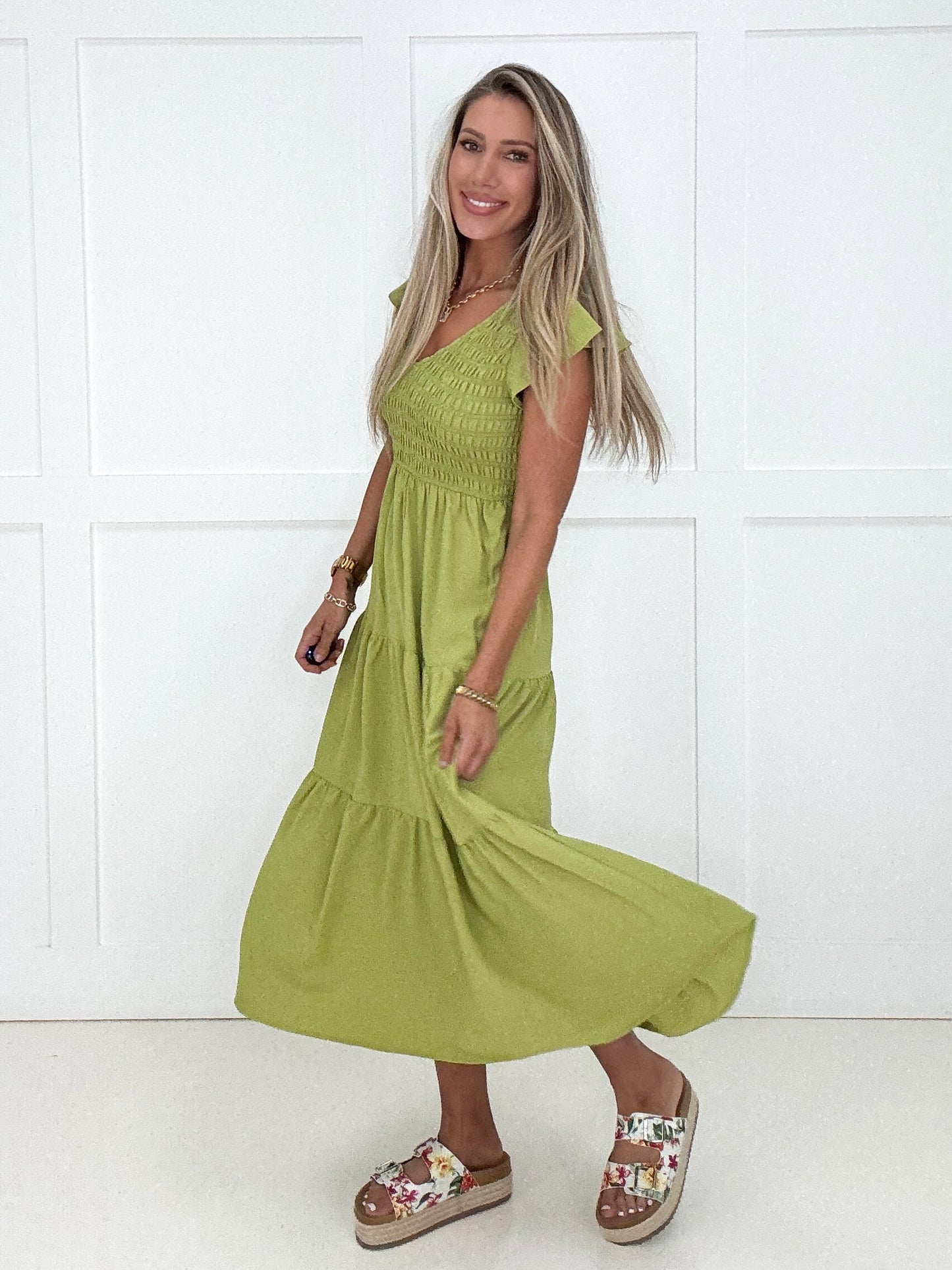 Pistachio Flutter Sleeve Midi Dress-240 Dresses- Simply Simpson's Boutique is a Women's Online Fashion Boutique Located in Jupiter, Florida