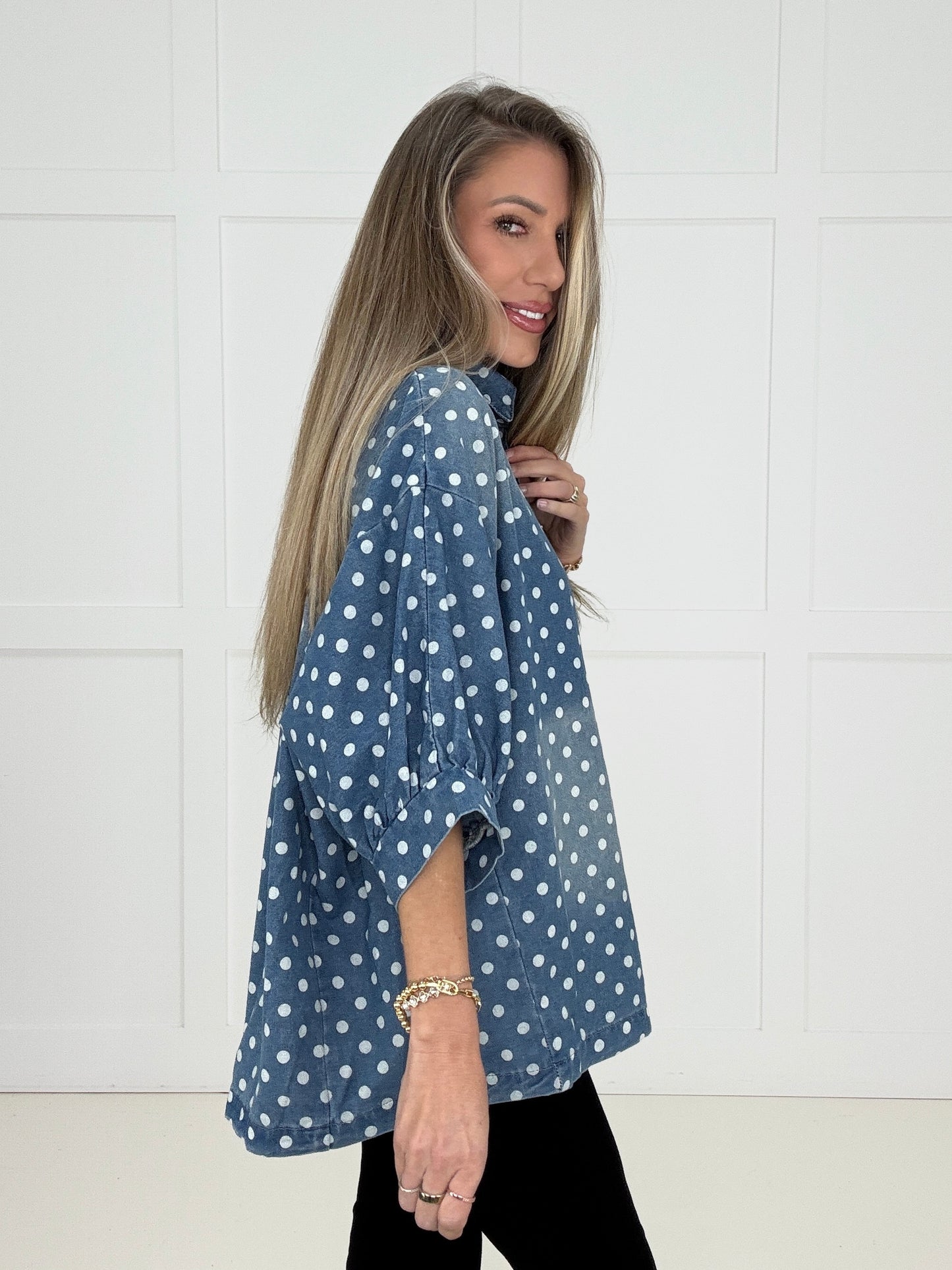 Dotty about Denim Button Up Shirt-110 Long Sleeves- Simply Simpson's Boutique is a Women's Online Fashion Boutique Located in Jupiter, Florida