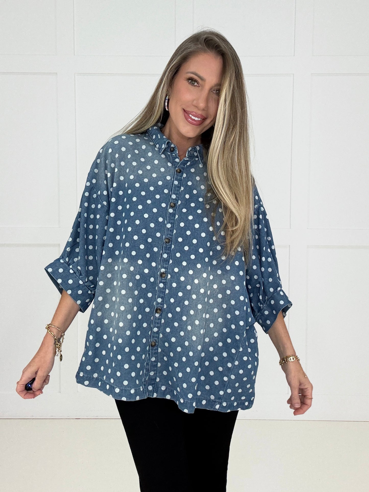 Dotty about Denim Button Up Shirt-110 Long Sleeves- Simply Simpson's Boutique is a Women's Online Fashion Boutique Located in Jupiter, Florida