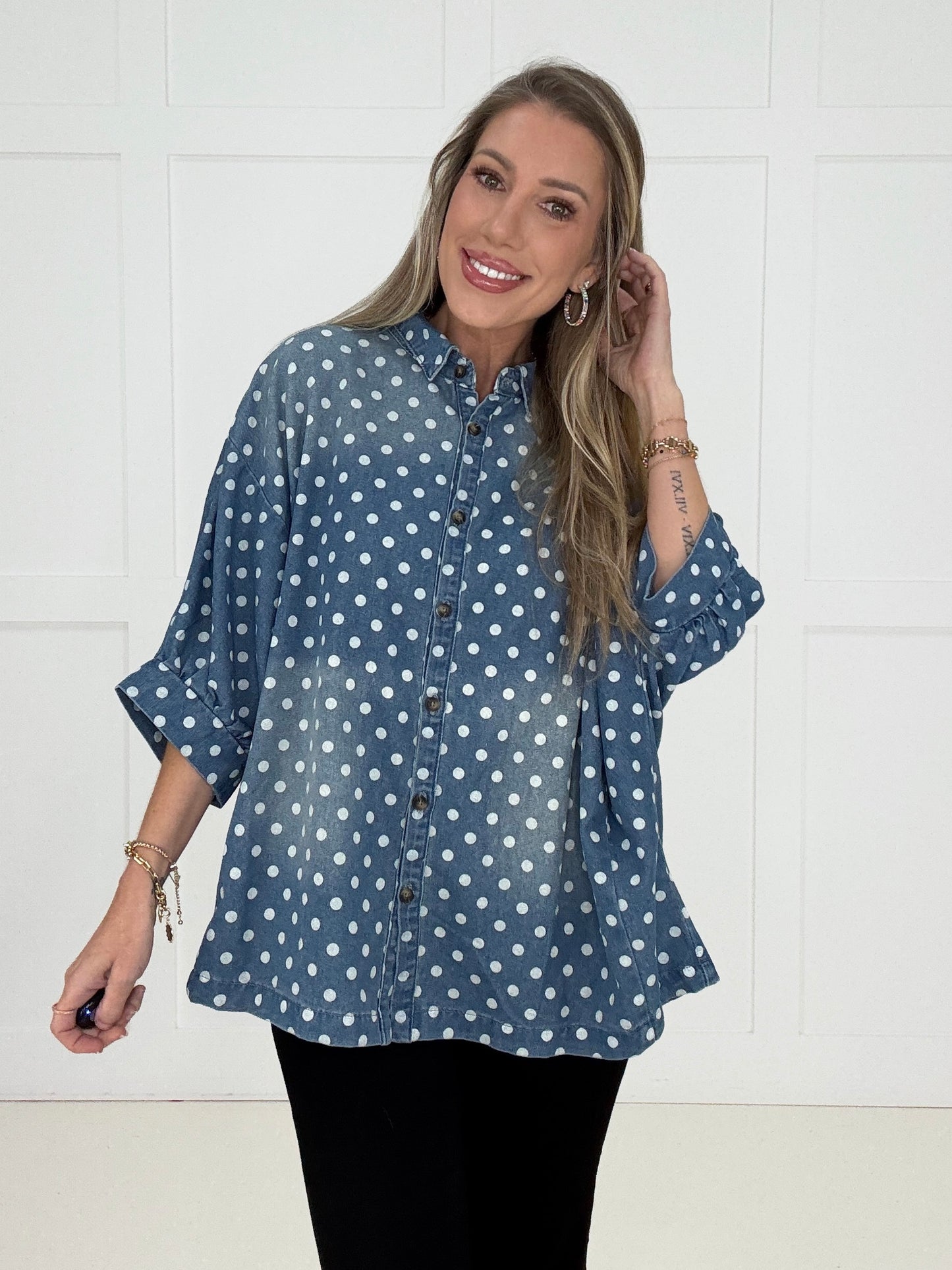 Dotty about Denim Button Up Shirt-110 Long Sleeves- Simply Simpson's Boutique is a Women's Online Fashion Boutique Located in Jupiter, Florida