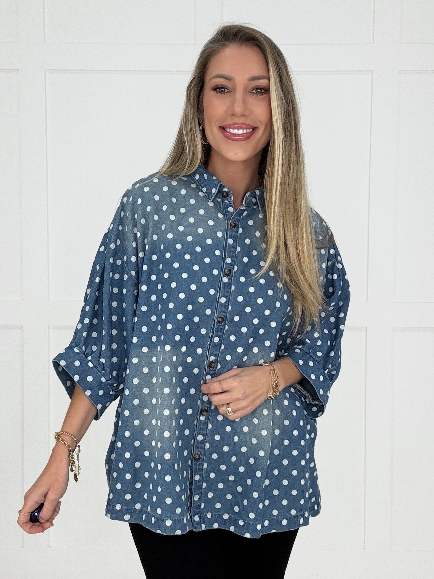 Dotty about Denim Button Up Shirt-110 Long Sleeves- Simply Simpson's Boutique is a Women's Online Fashion Boutique Located in Jupiter, Florida