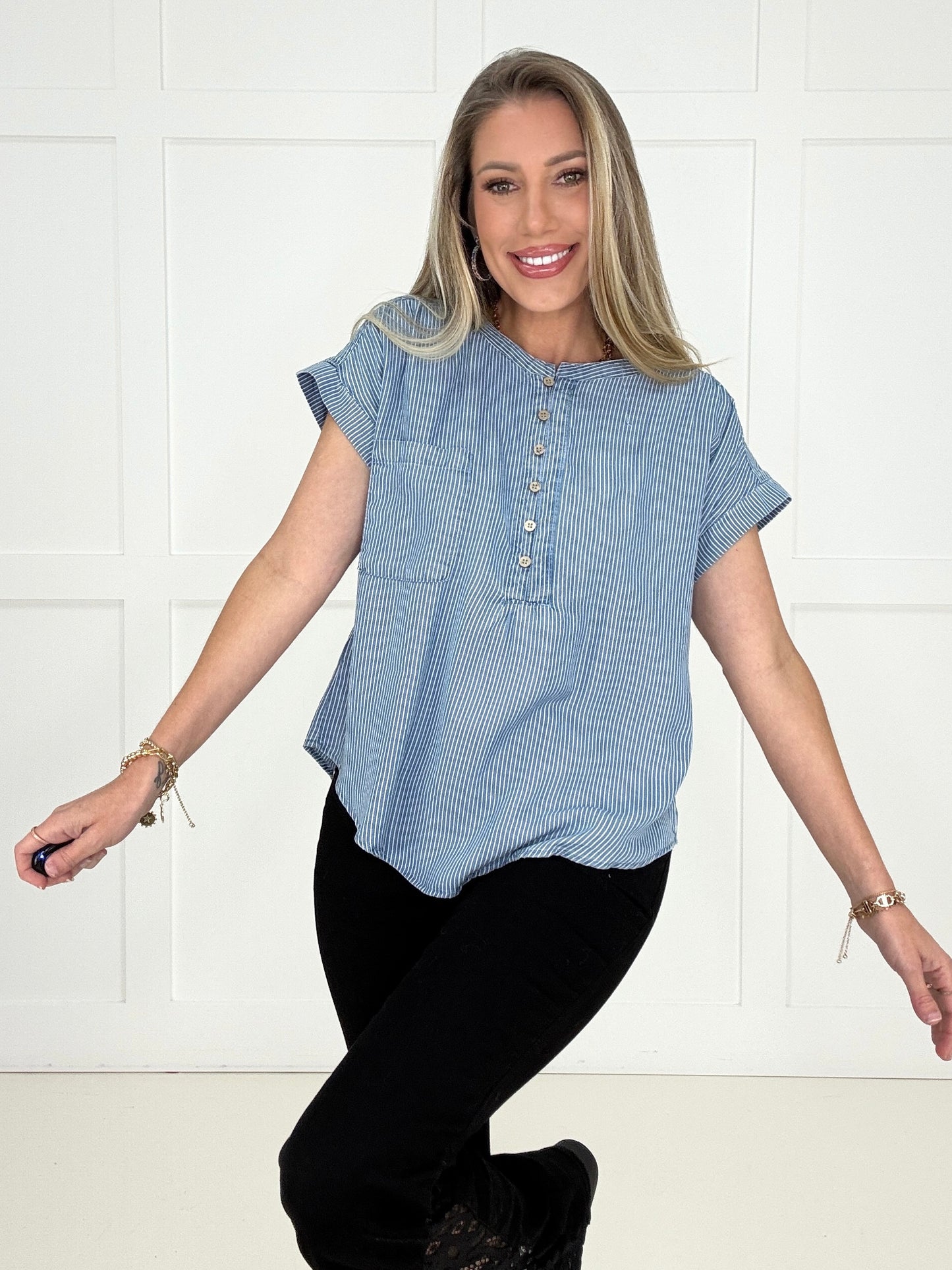 Blue Skies Chambray Pinstripe Top