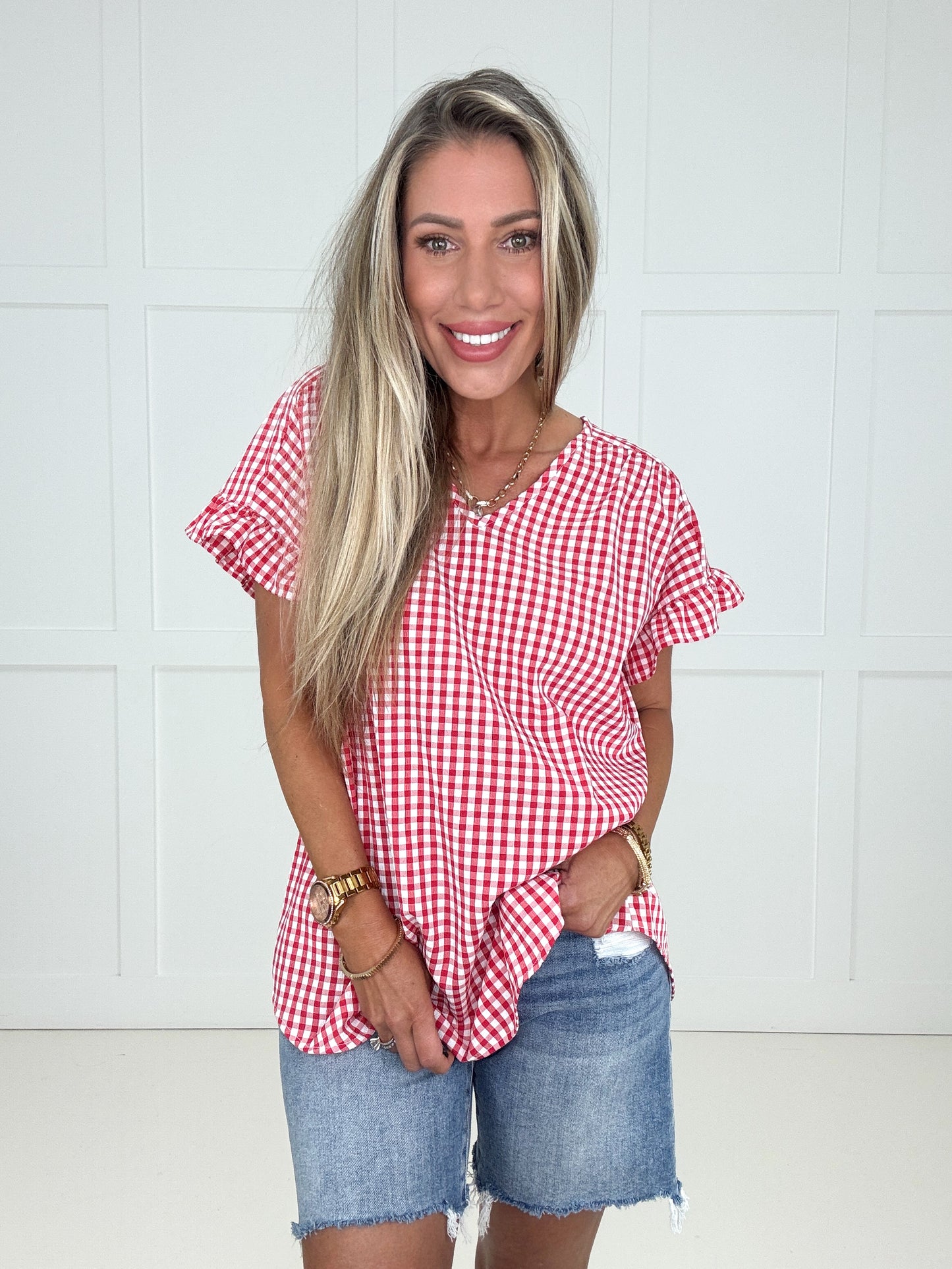Picnic Perfect Gingham Top-100 Short Sleeves- Simply Simpson's Boutique is a Women's Online Fashion Boutique Located in Jupiter, Florida