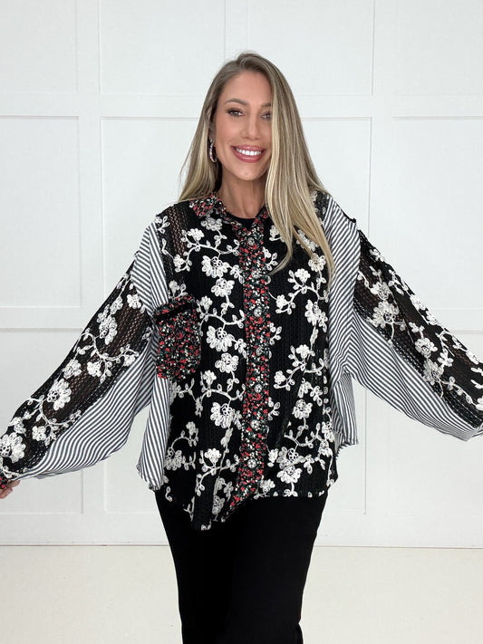 Pol Mixed Print Floral Button Down Top