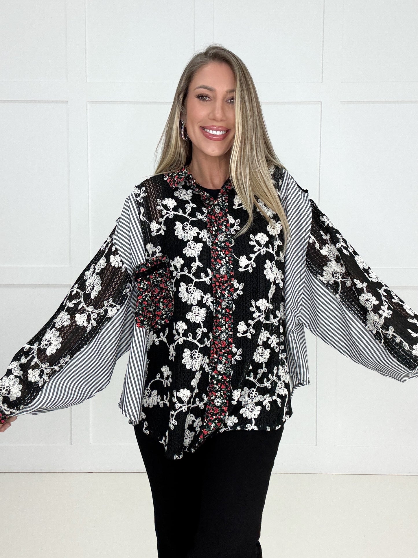 Pol Mixed Print Floral Button Down Top