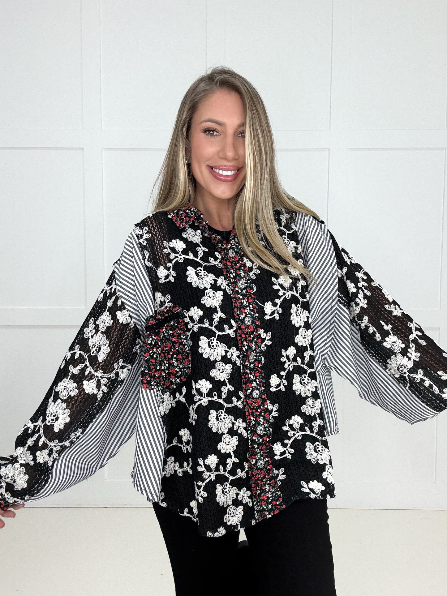 Pol Mixed Print Floral Button Down Top