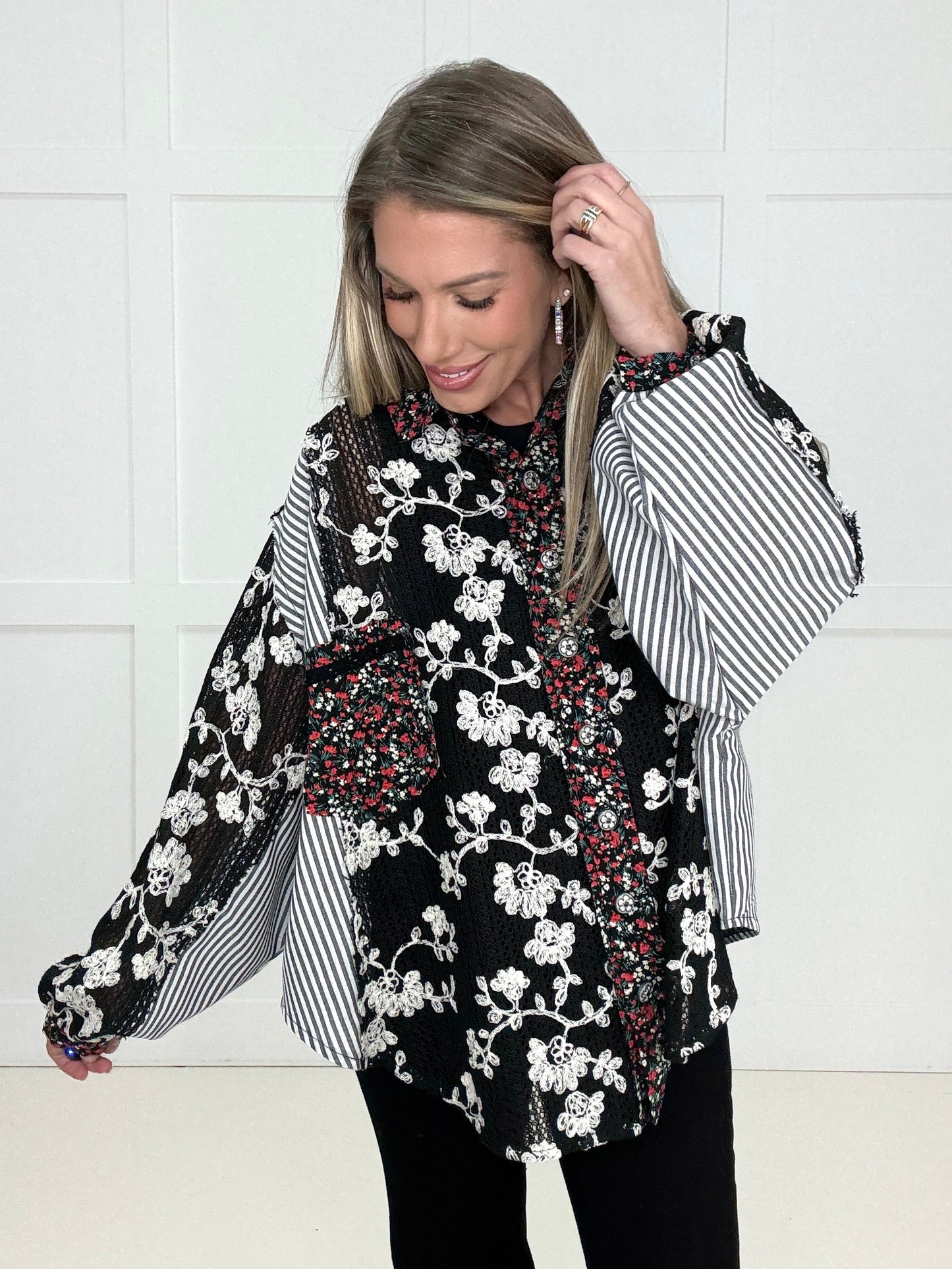 Pol Mixed Print Floral Button Down Top