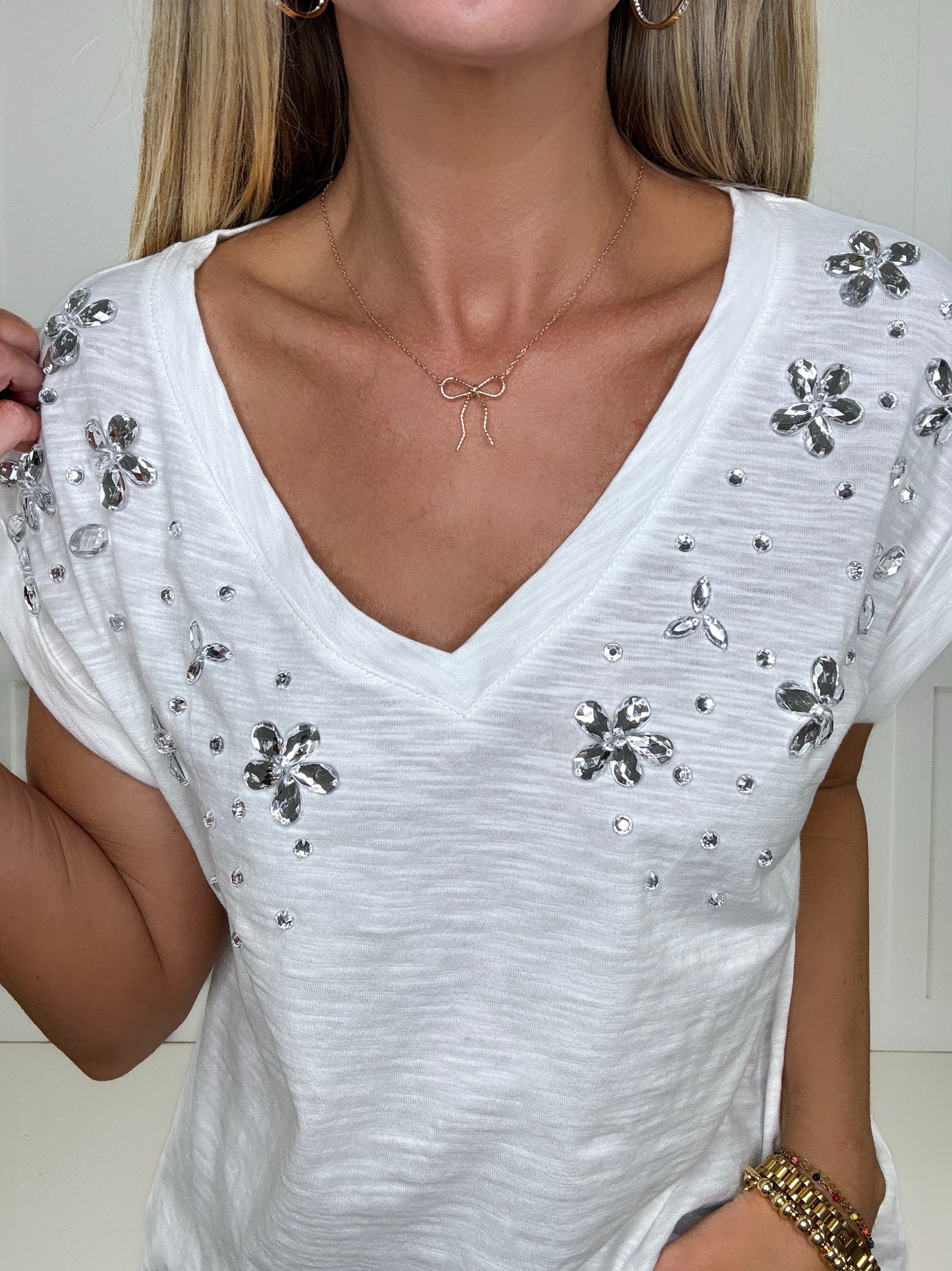 Kendall Rhinestone V Neck Top-100 Short Sleeves- Simply Simpson's Boutique is a Women's Online Fashion Boutique Located in Jupiter, Florida