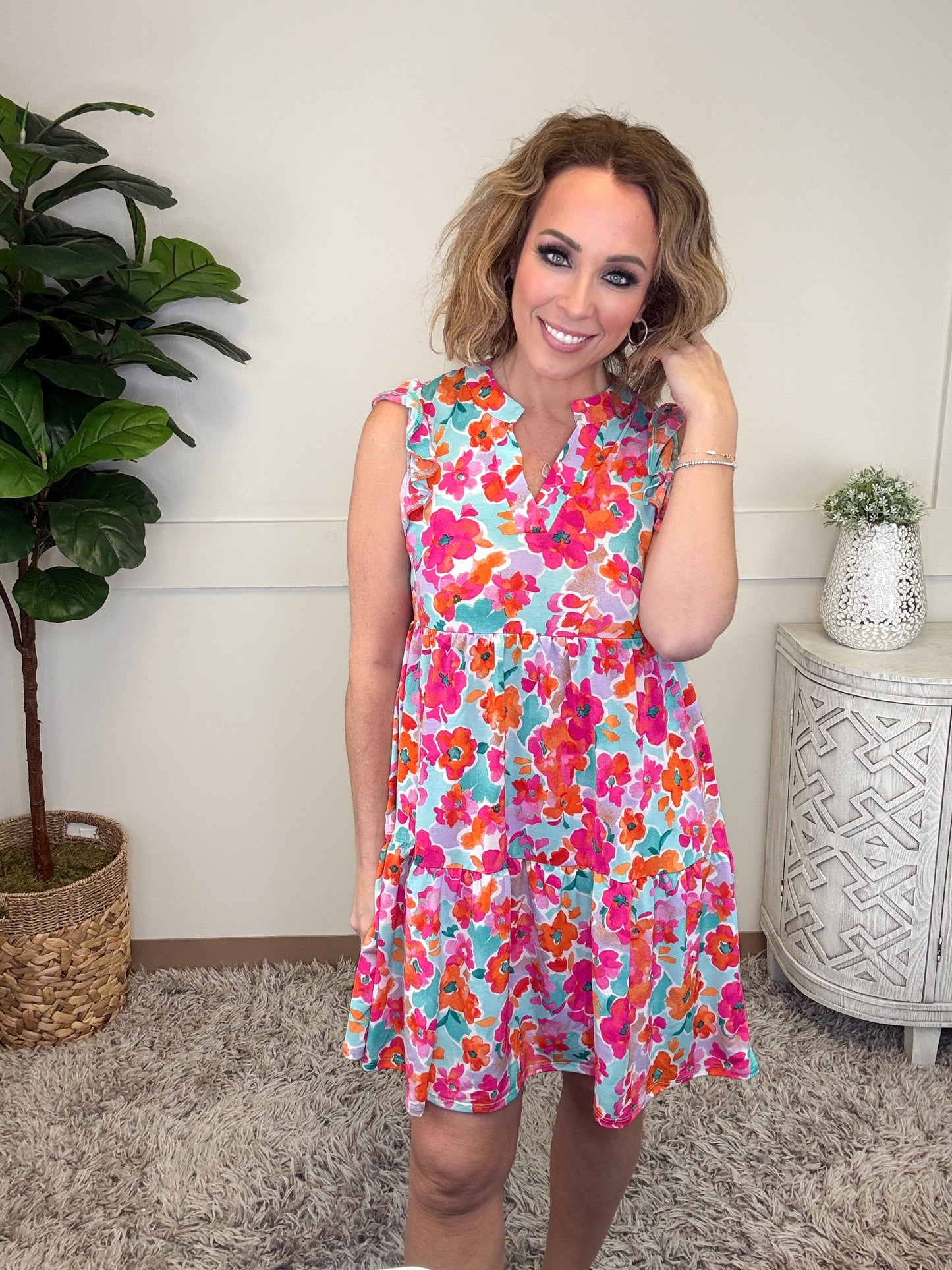 Dear Scarlett Vibrant Vibes Tiered Flutter Sleeve Dress-240 Dresses- Simply Simpson's Boutique is a Women's Online Fashion Boutique Located in Jupiter, Florida