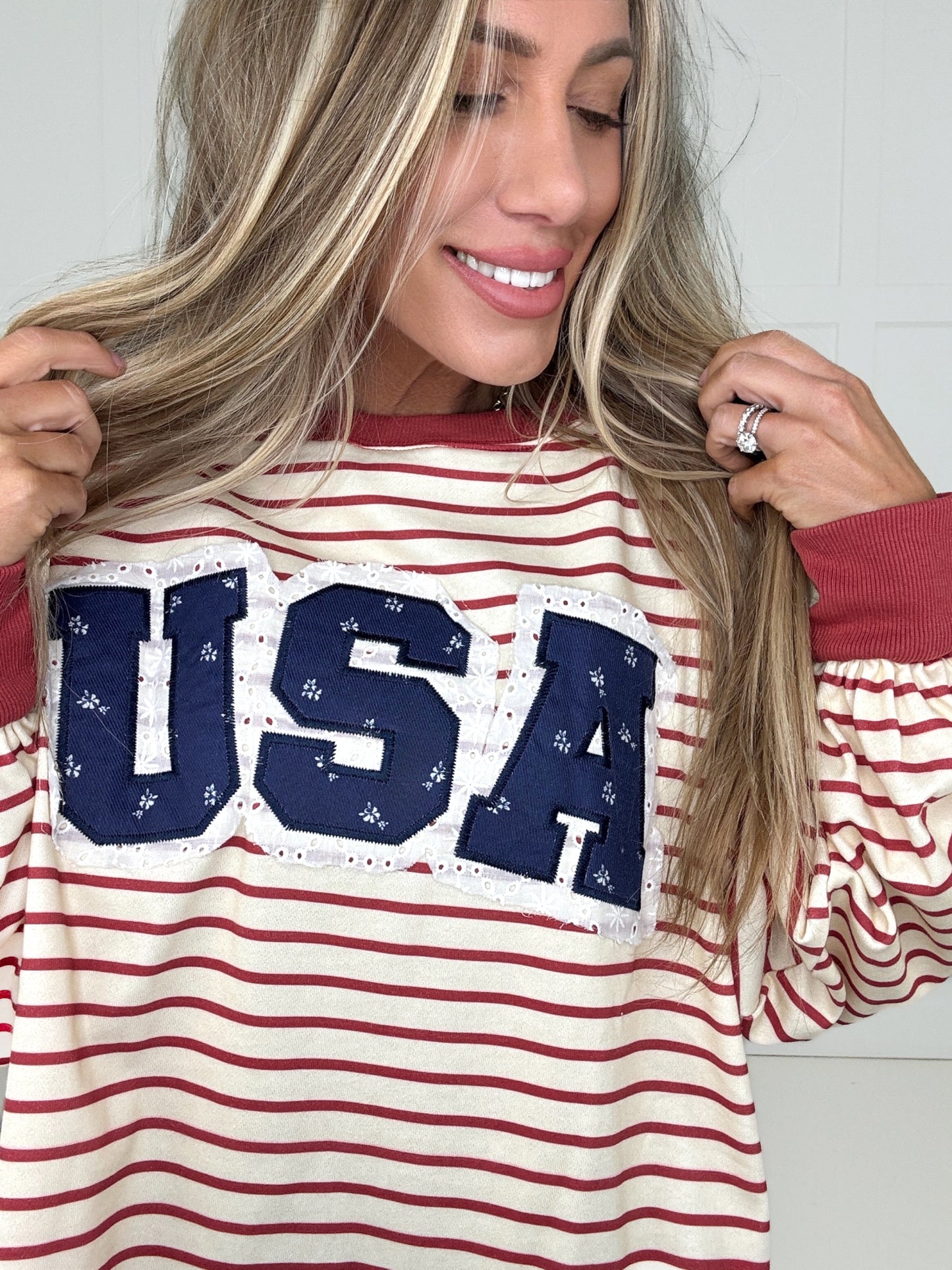 Stripe USA Patches Sweatshirt-160 Sweatshirts- Simply Simpson's Boutique is a Women's Online Fashion Boutique Located in Jupiter, Florida