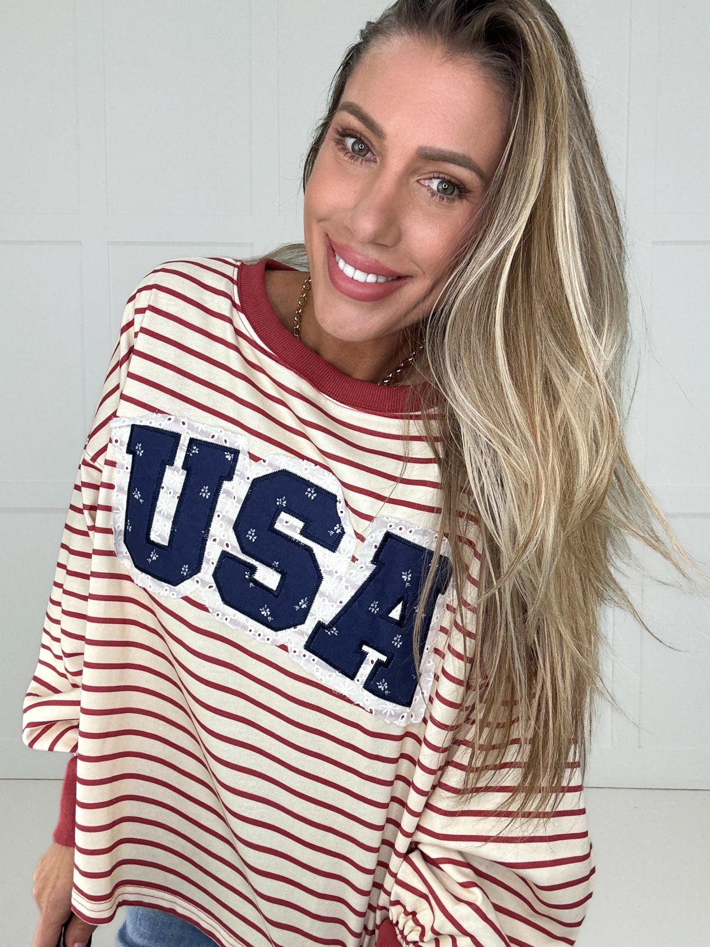 Stripe USA Patches Sweatshirt-160 Sweatshirts- Simply Simpson's Boutique is a Women's Online Fashion Boutique Located in Jupiter, Florida