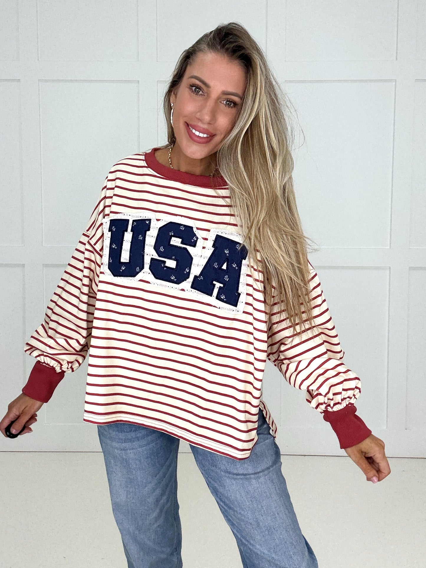 Stripe USA Patches Sweatshirt-160 Sweatshirts- Simply Simpson's Boutique is a Women's Online Fashion Boutique Located in Jupiter, Florida