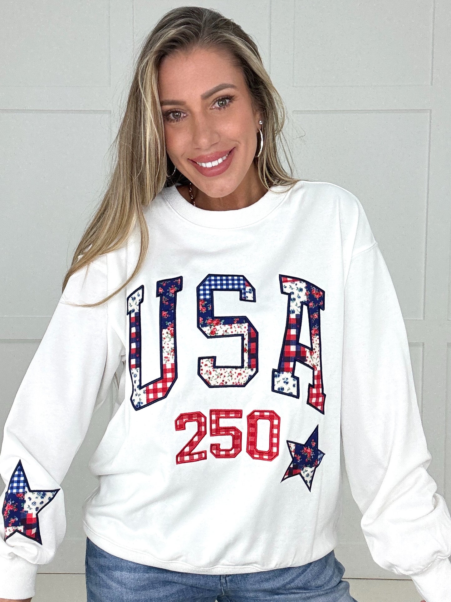 USA & Star Patchwork Sweatshirt-160 Sweatshirts- Simply Simpson's Boutique is a Women's Online Fashion Boutique Located in Jupiter, Florida