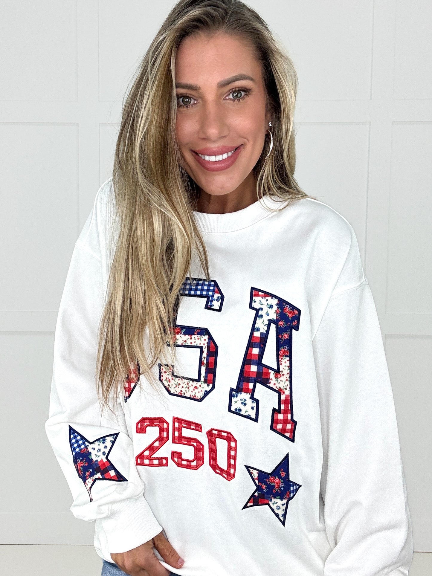 USA & Star Patchwork Sweatshirt-160 Sweatshirts- Simply Simpson's Boutique is a Women's Online Fashion Boutique Located in Jupiter, Florida