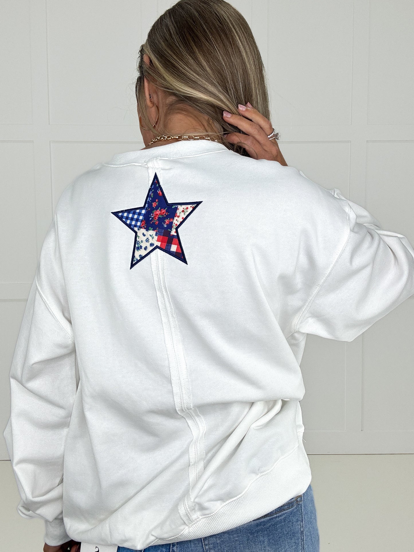 USA & Star Patchwork Sweatshirt-160 Sweatshirts- Simply Simpson's Boutique is a Women's Online Fashion Boutique Located in Jupiter, Florida