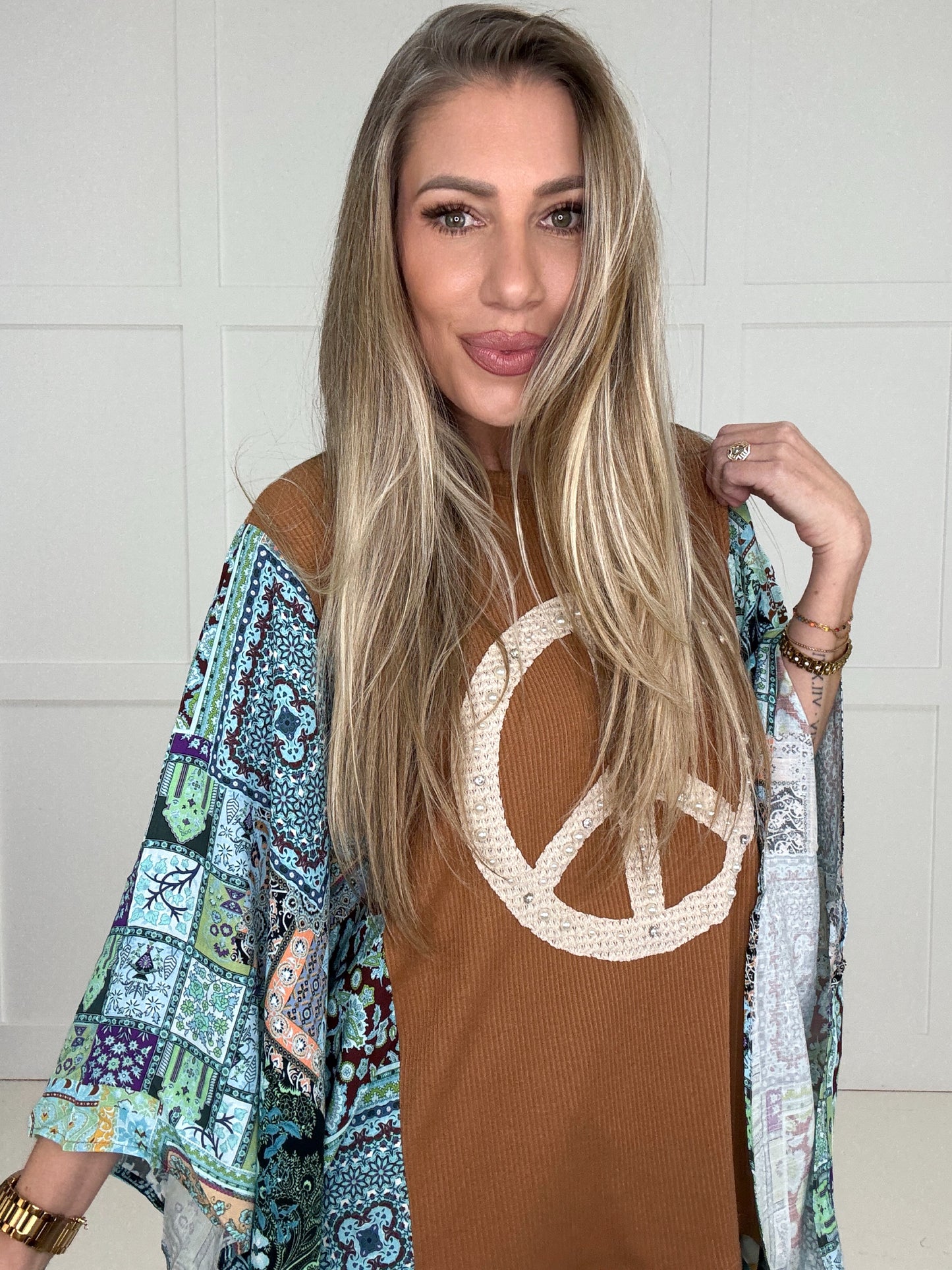 Peace & Patchwork Top-110 Long Sleeves- Simply Simpson's Boutique is a Women's Online Fashion Boutique Located in Jupiter, Florida