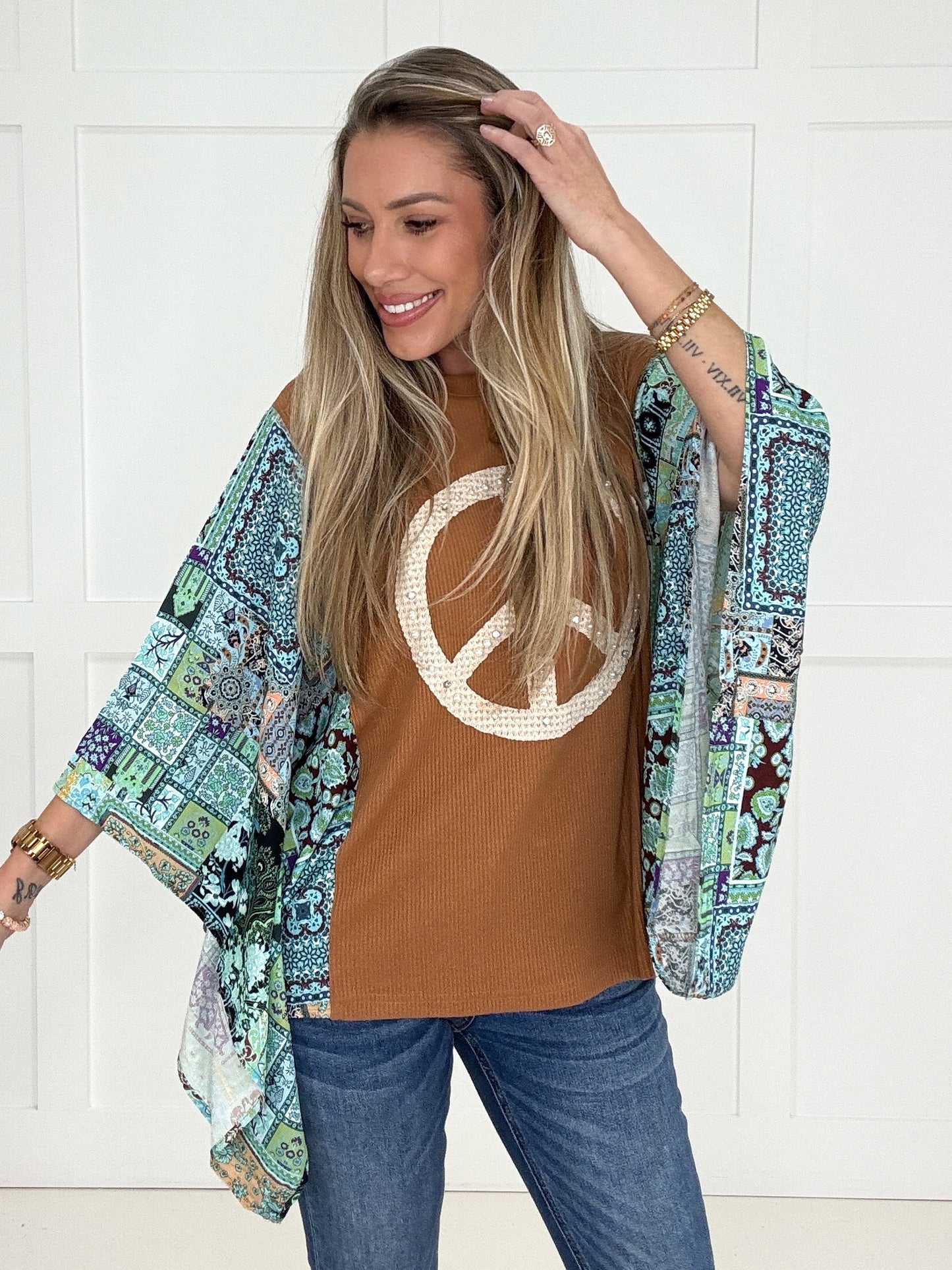 Peace & Patchwork Top-110 Long Sleeves- Simply Simpson's Boutique is a Women's Online Fashion Boutique Located in Jupiter, Florida