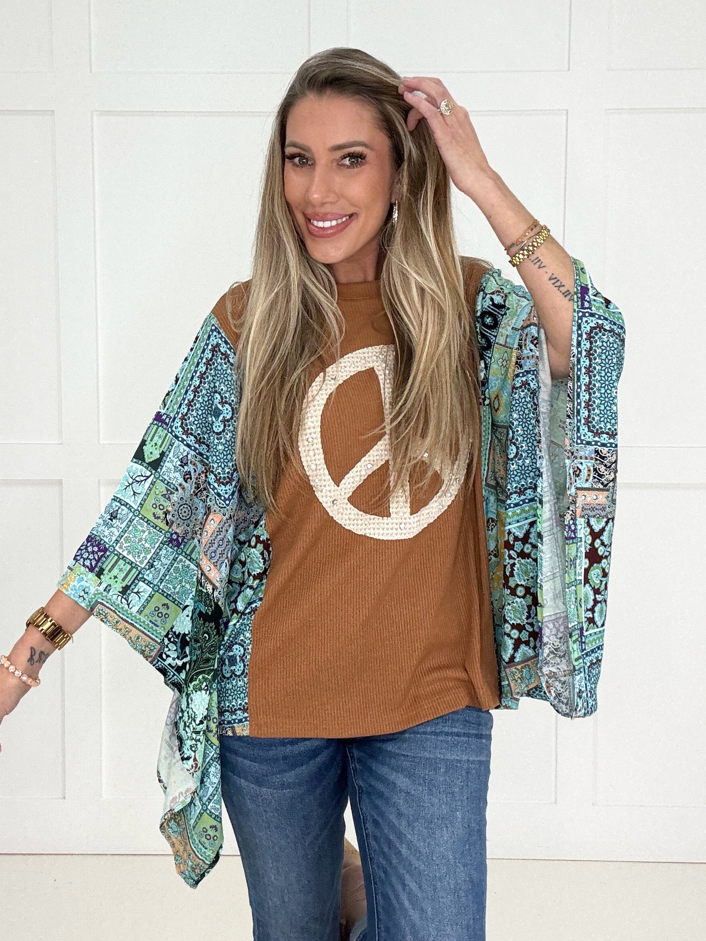 Peace & Patchwork Top-110 Long Sleeves- Simply Simpson's Boutique is a Women's Online Fashion Boutique Located in Jupiter, Florida