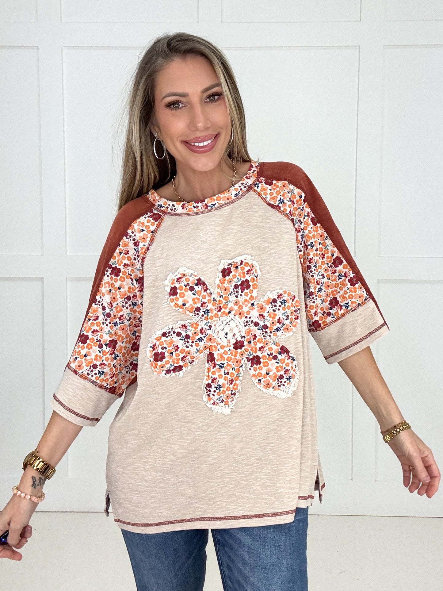 Daisy Blossom Patchwork Top-100 Short Sleeves- Simply Simpson's Boutique is a Women's Online Fashion Boutique Located in Jupiter, Florida