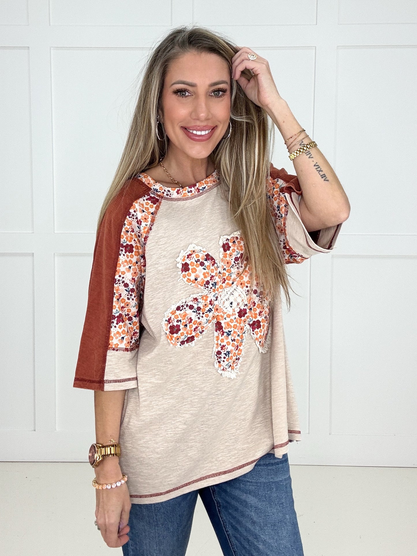 Daisy Blossom Patchwork Top-100 Short Sleeves- Simply Simpson's Boutique is a Women's Online Fashion Boutique Located in Jupiter, Florida