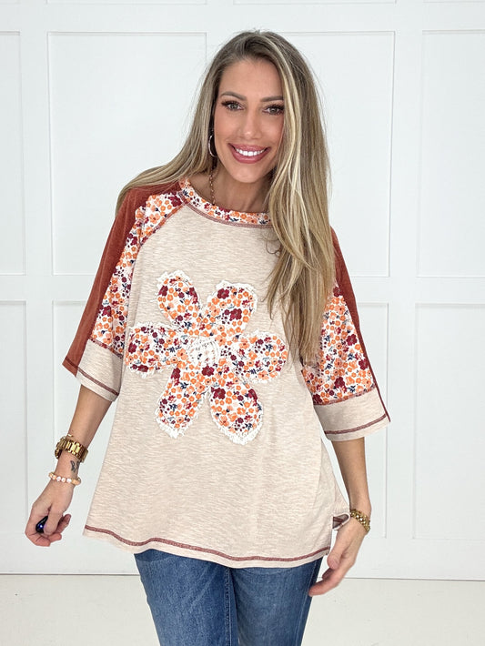 Daisy Blossom Patchwork Top-100 Short Sleeves- Simply Simpson's Boutique is a Women's Online Fashion Boutique Located in Jupiter, Florida
