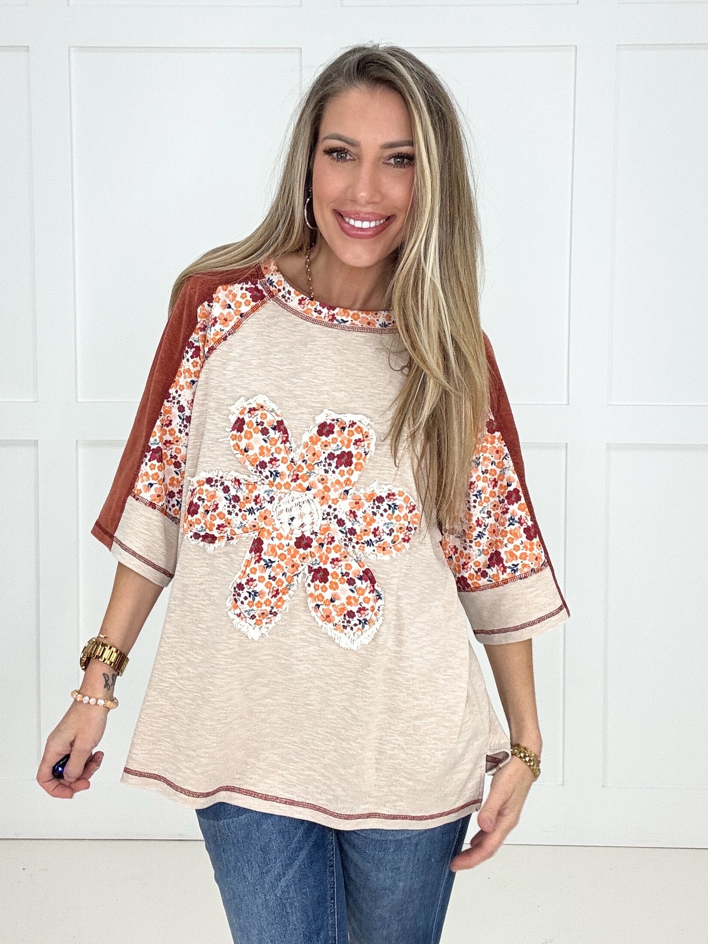 Daisy Blossom Patchwork Top-100 Short Sleeves- Simply Simpson's Boutique is a Women's Online Fashion Boutique Located in Jupiter, Florida