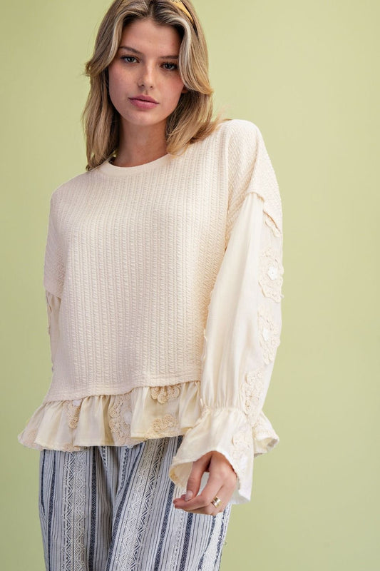 Cream Romance Lace Detail Top-110 Long Sleeves- Simply Simpson's Boutique is a Women's Online Fashion Boutique Located in Jupiter, Florida