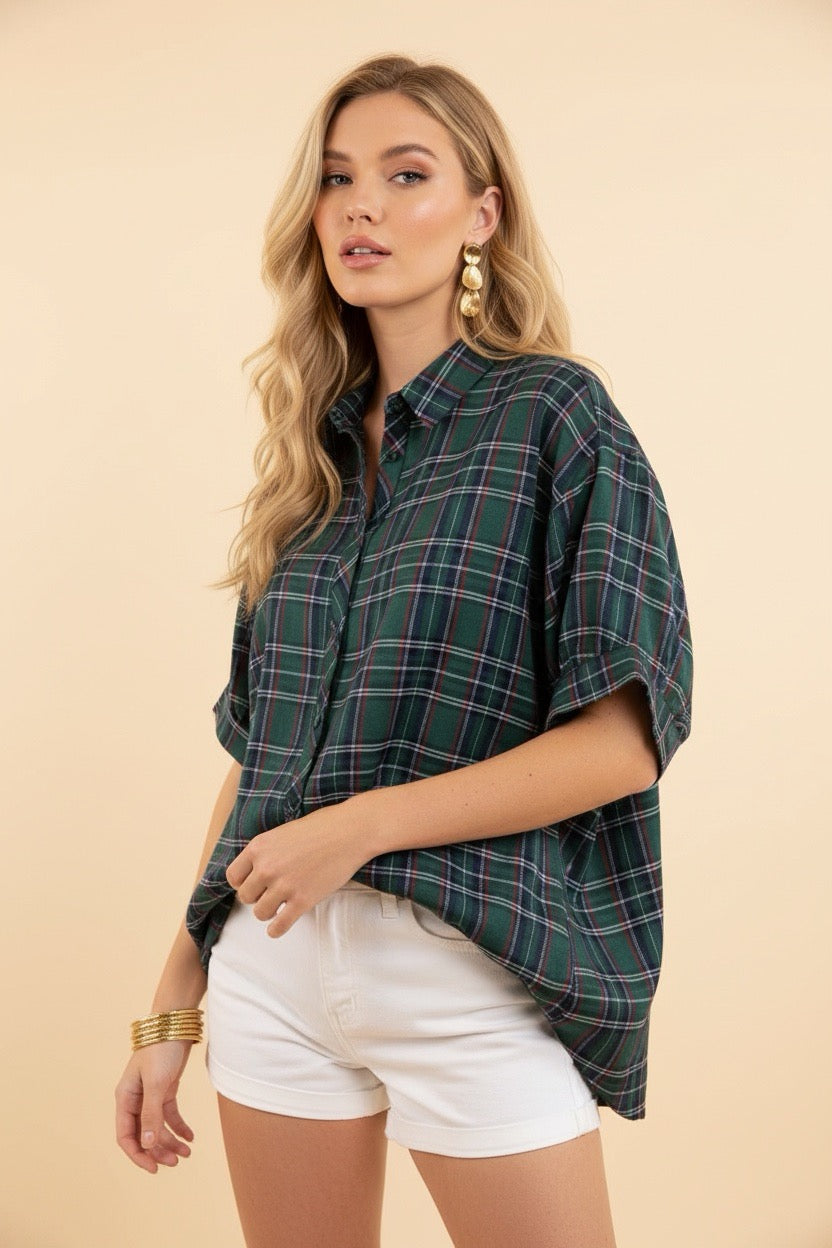 Green Collins Classic Plaid Top-100 Short Sleeves- Simply Simpson's Boutique is a Women's Online Fashion Boutique Located in Jupiter, Florida