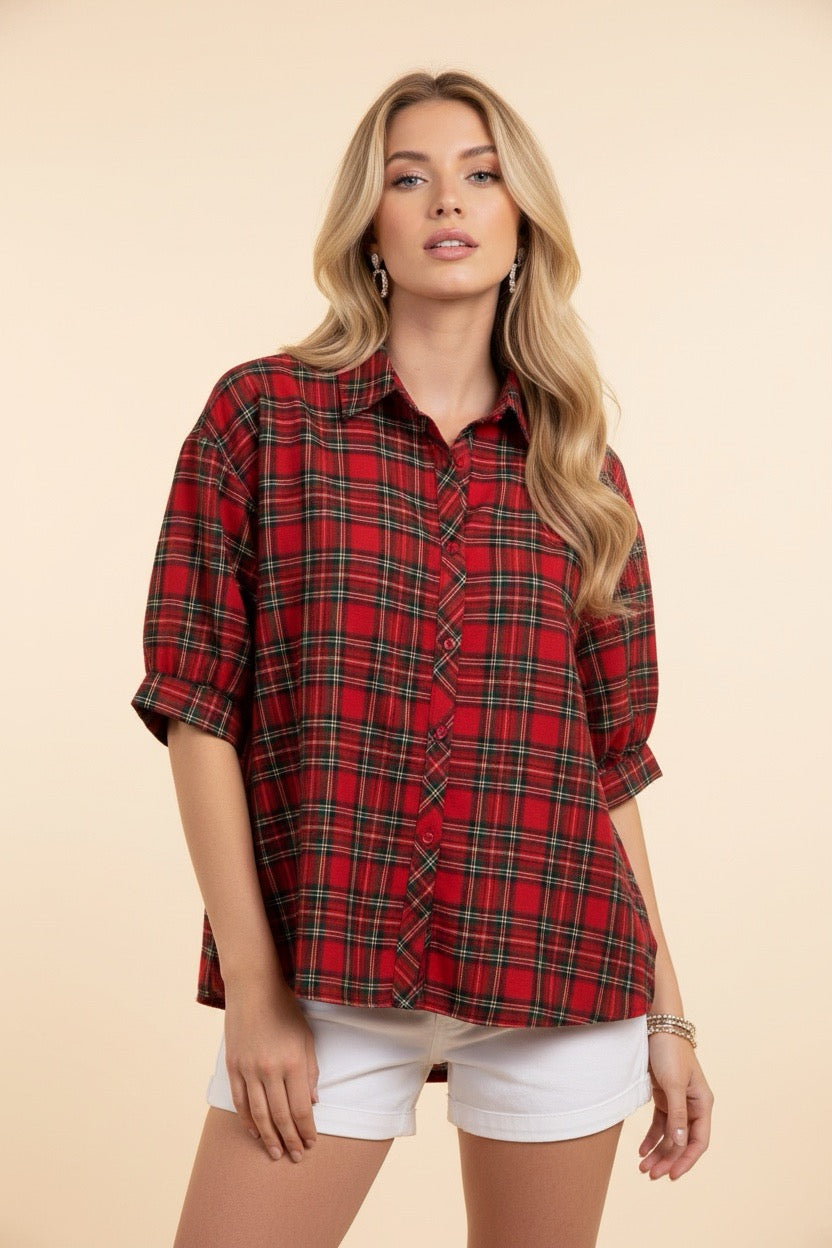 Red Collins Classic Plaid Top-100 Short Sleeves- Simply Simpson's Boutique is a Women's Online Fashion Boutique Located in Jupiter, Florida