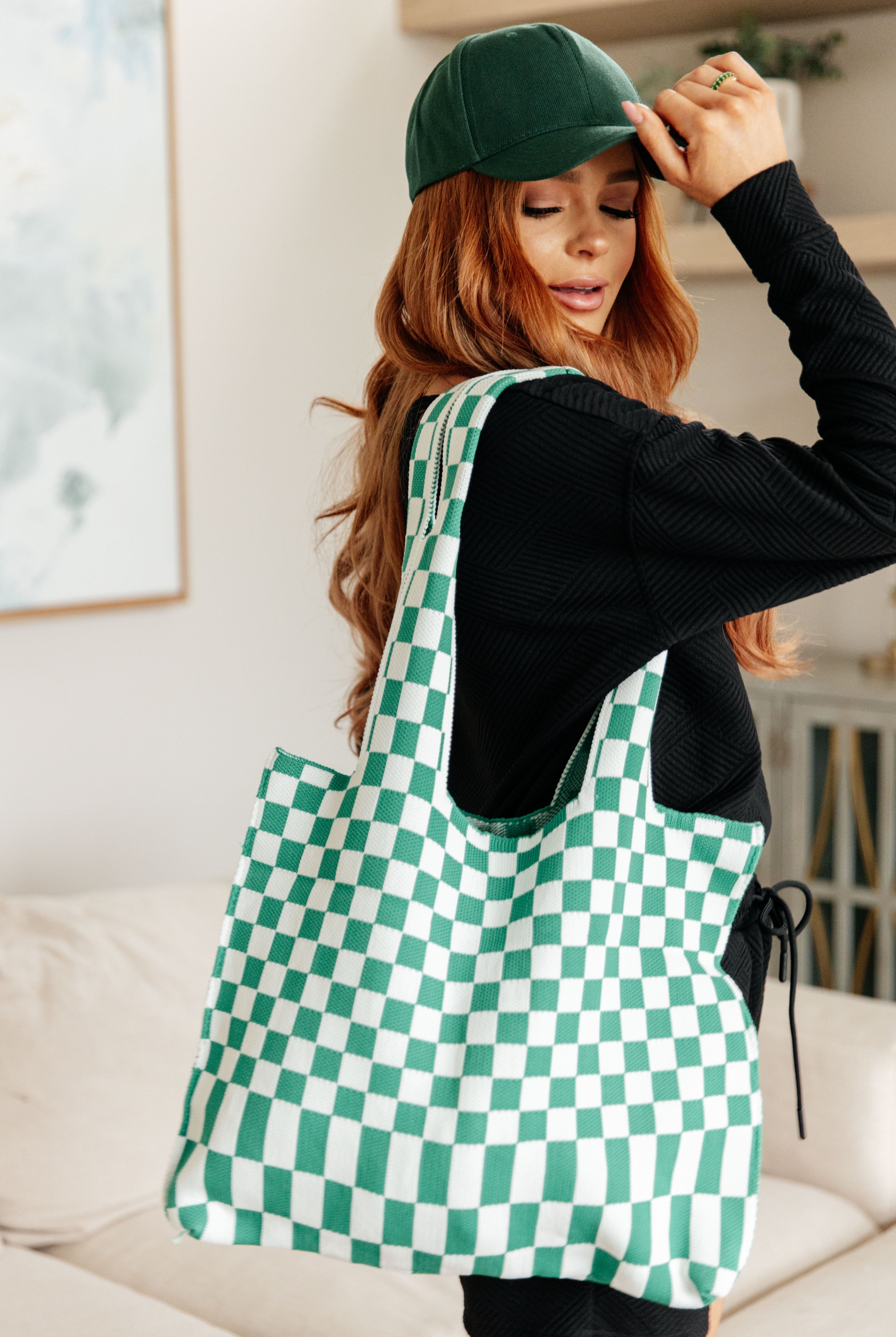 Checkerboard Lazy Wind Big Bag in Green & White-Accessories- Simply Simpson's Boutique is a Women's Online Fashion Boutique Located in Jupiter, Florida