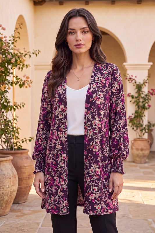 Dear Scarlett Berry Bloom Smocked Sleeve Cardigan-180 Outerwear- Simply Simpson's Boutique is a Women's Online Fashion Boutique Located in Jupiter, Florida