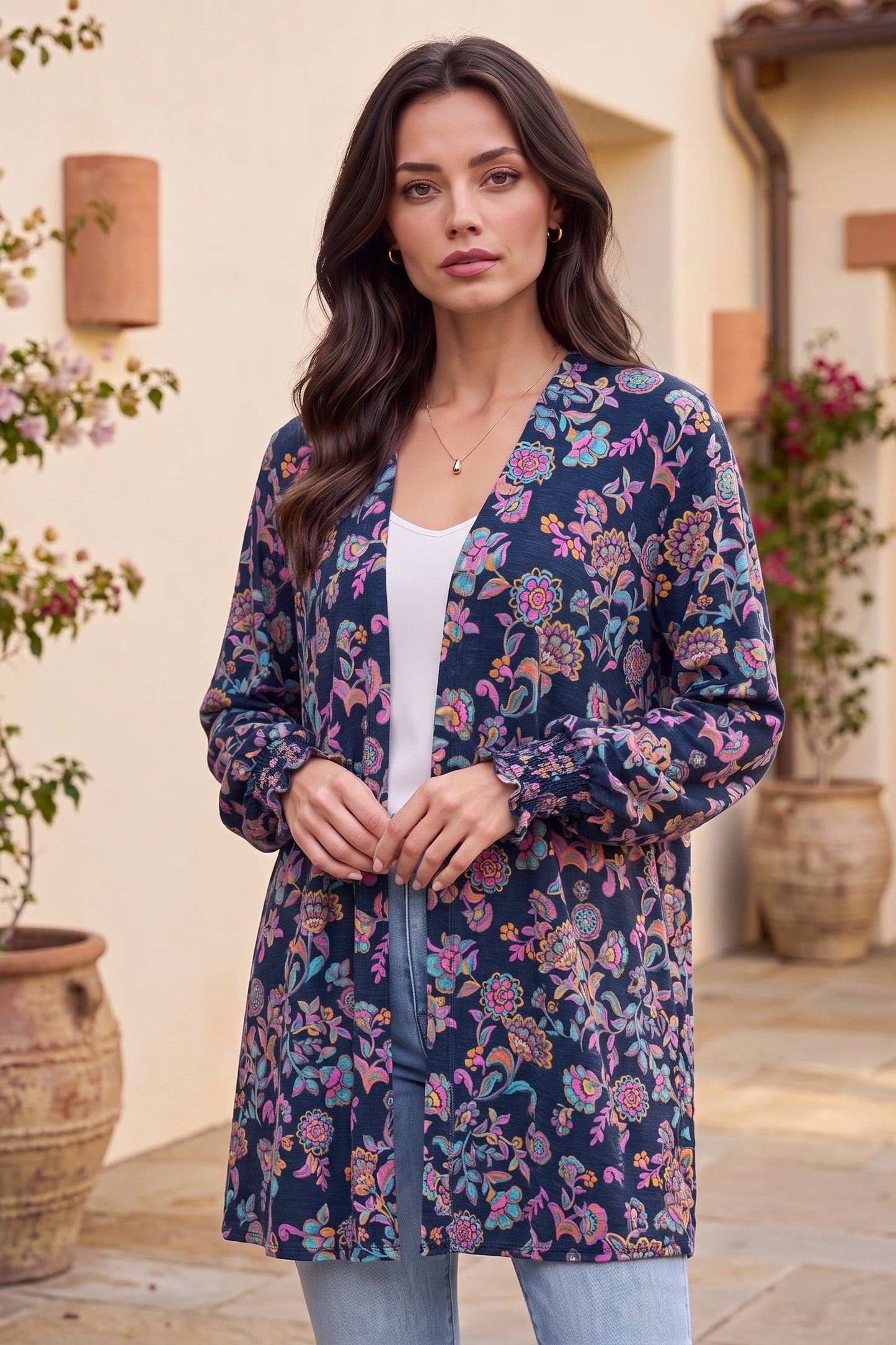 Dear Scarlett Midnight Meadow Smocked Sleeve Cardigan-180 Outerwear- Simply Simpson's Boutique is a Women's Online Fashion Boutique Located in Jupiter, Florida