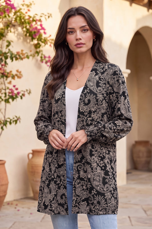 Dear Scarlett Vintage Noir Smocked Sleeve Cardigan-180 Outerwear- Simply Simpson's Boutique is a Women's Online Fashion Boutique Located in Jupiter, Florida